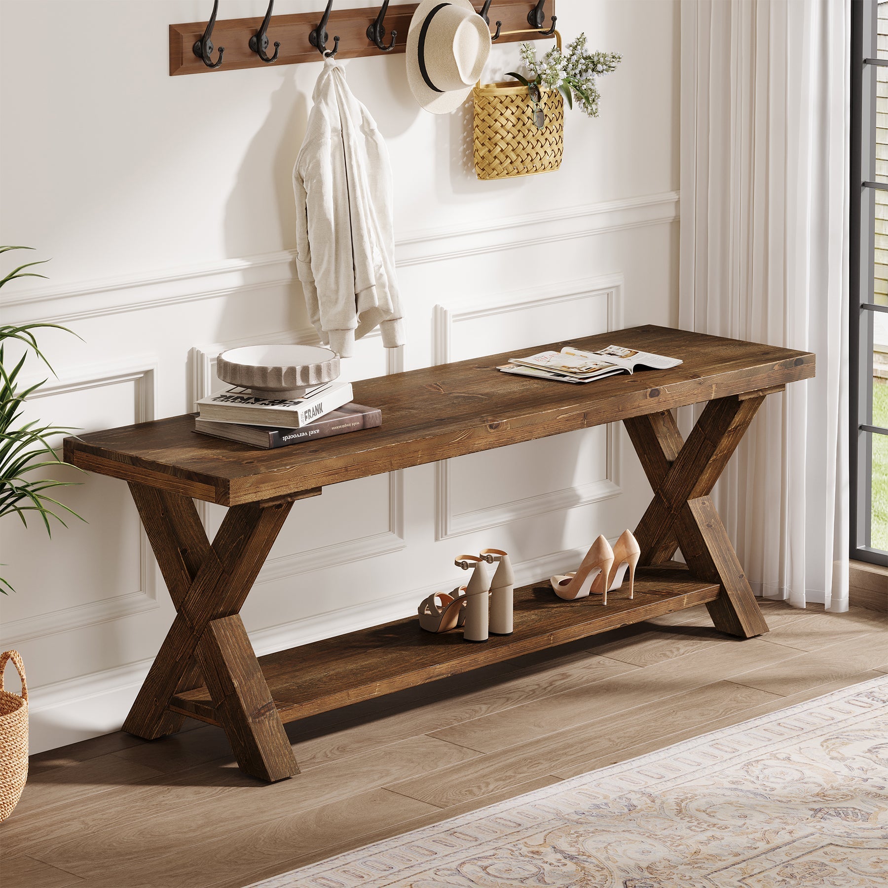 110 cm massief houten bank, landelijke halbank met opbergplank