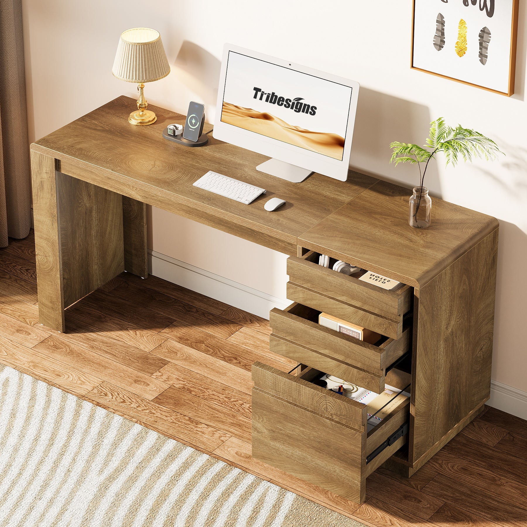 Tribesigns bureau 140 cm met 3 laden, thuiskantoorbureau met verstelbare hangmappen-ladekast