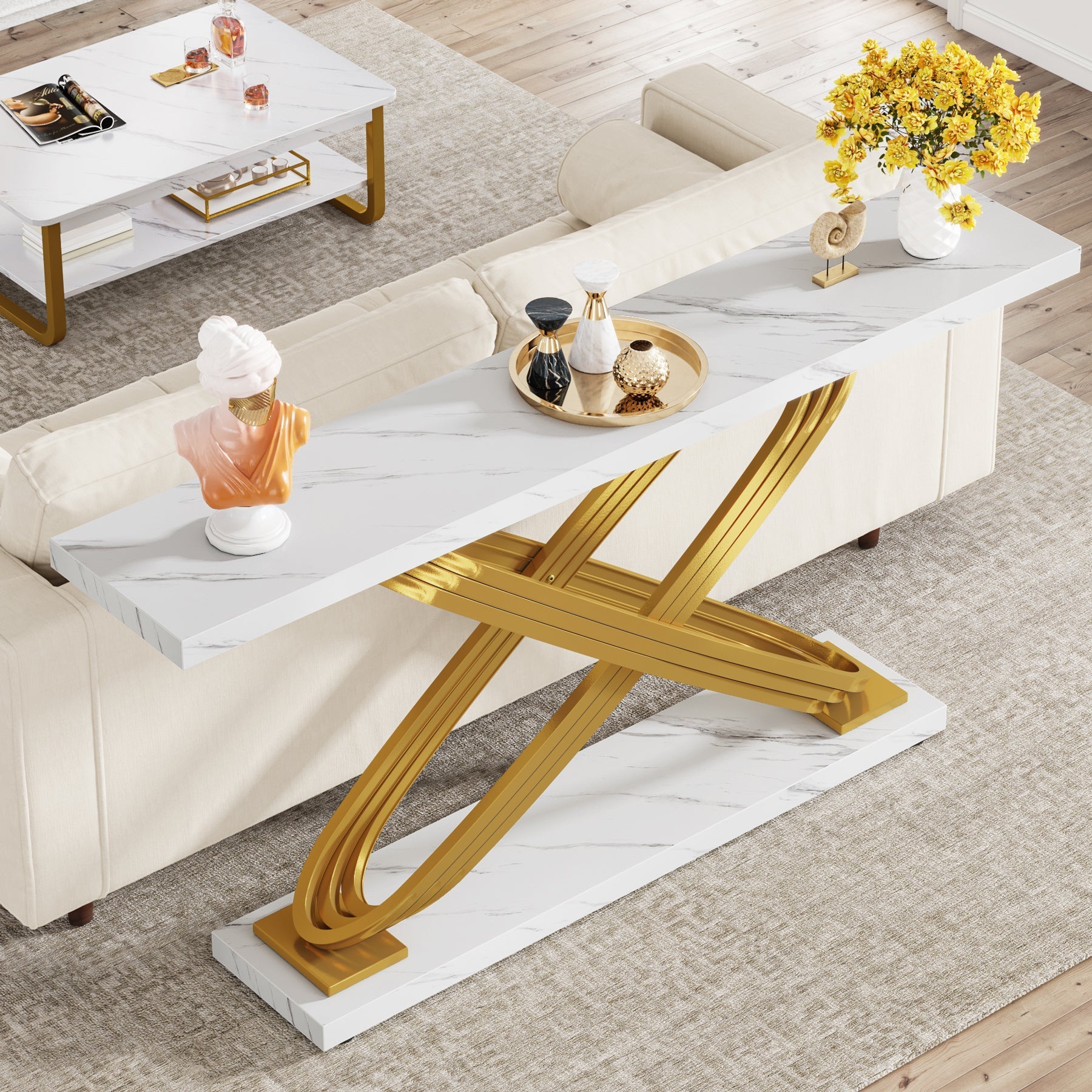 140 cm Moderne Consoletafel, Luxe Faux Marmeren Banktafel in Goud en Wit