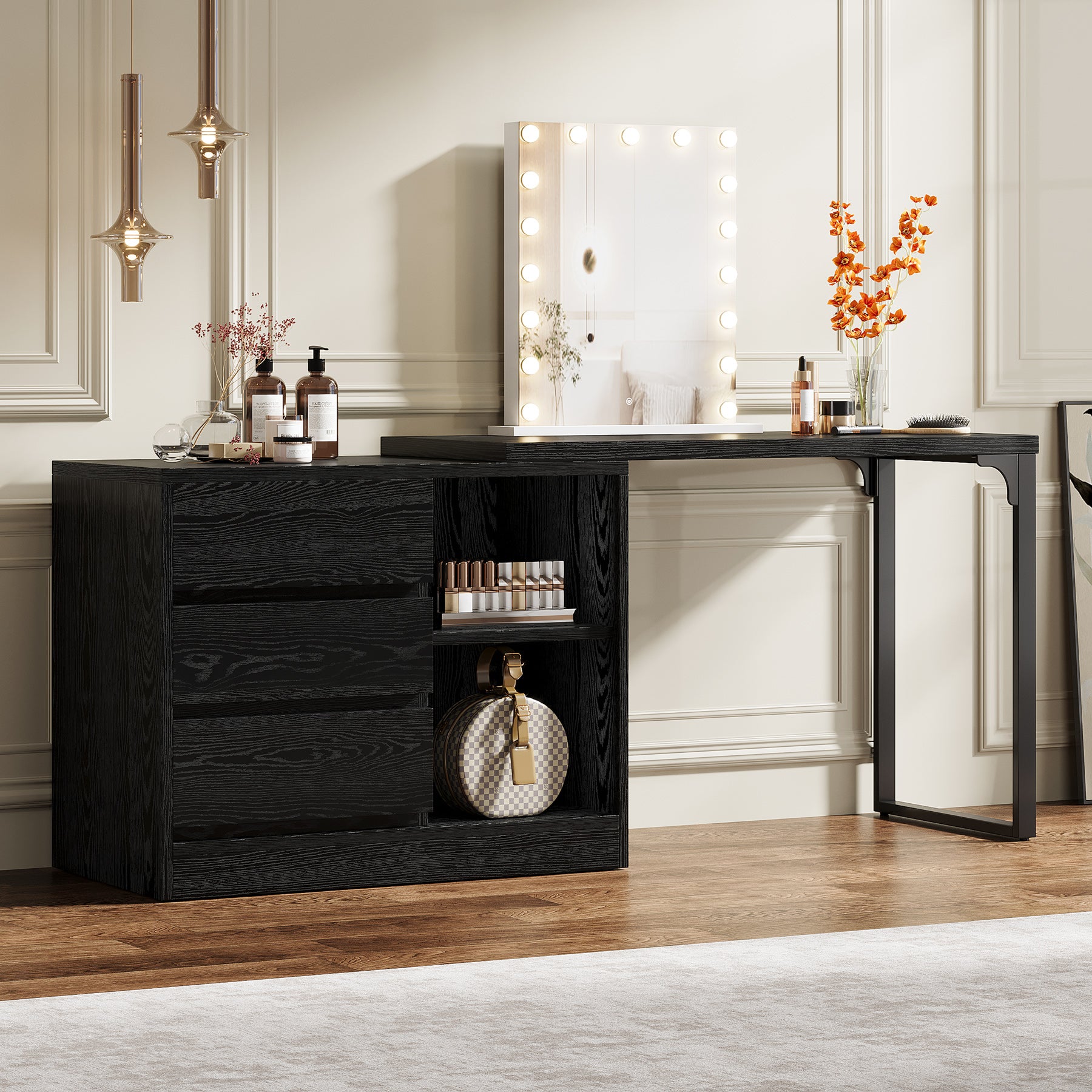 100 cm Kaptafel met 3 Laden en 2 Planken, Hoek Schminktafel met Opbergkast Zonder Spiegel