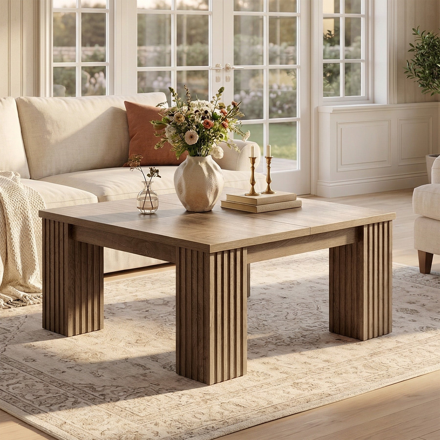 100 cm Vierkante Salontafel met Gefreesde Poten, Landelijke Houten Tafel voor Woonkamer