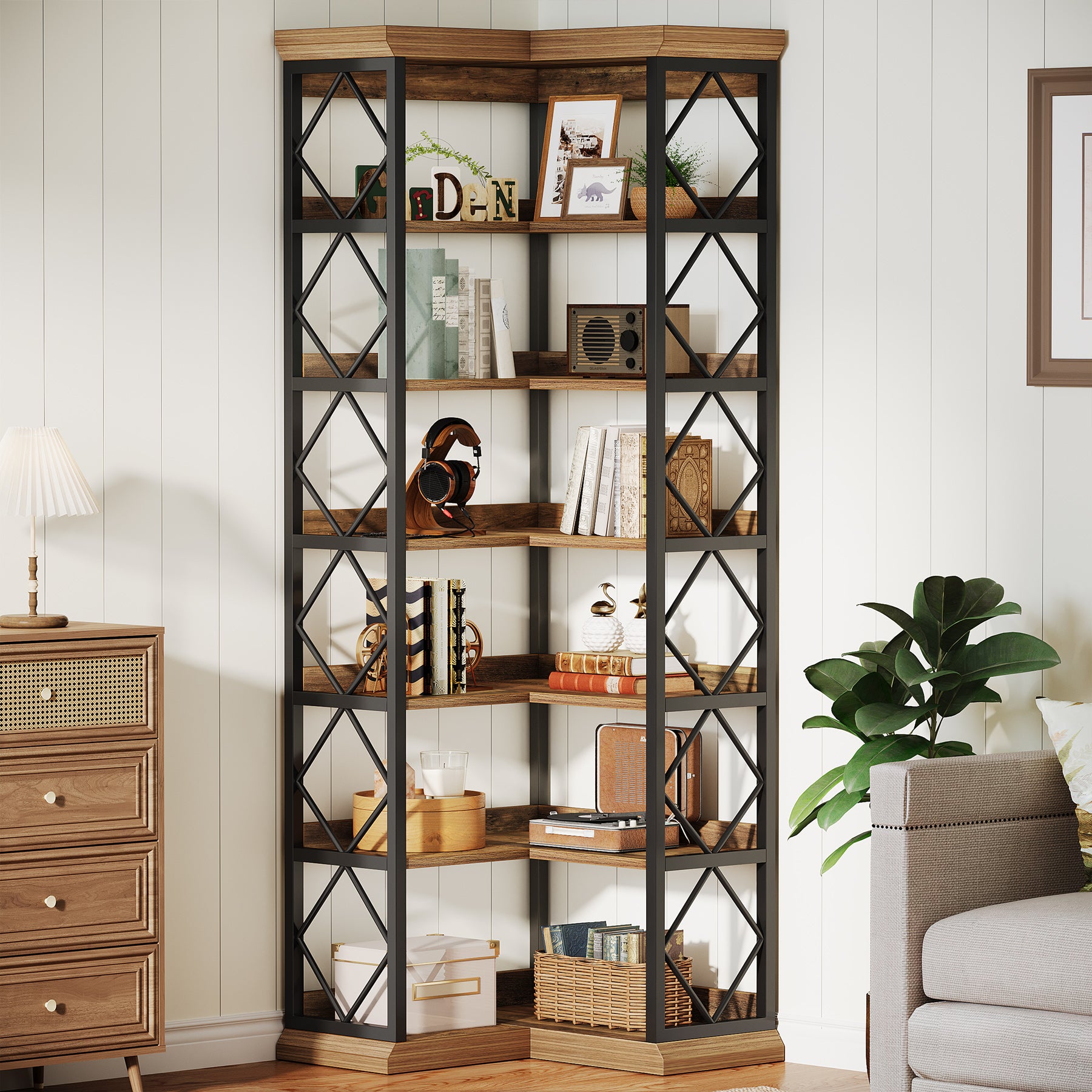 184 cm Hoge Hoekboekenkast, 6-Laags L-Vormige Boekenkast met Opbergruimte voor Woonkamer