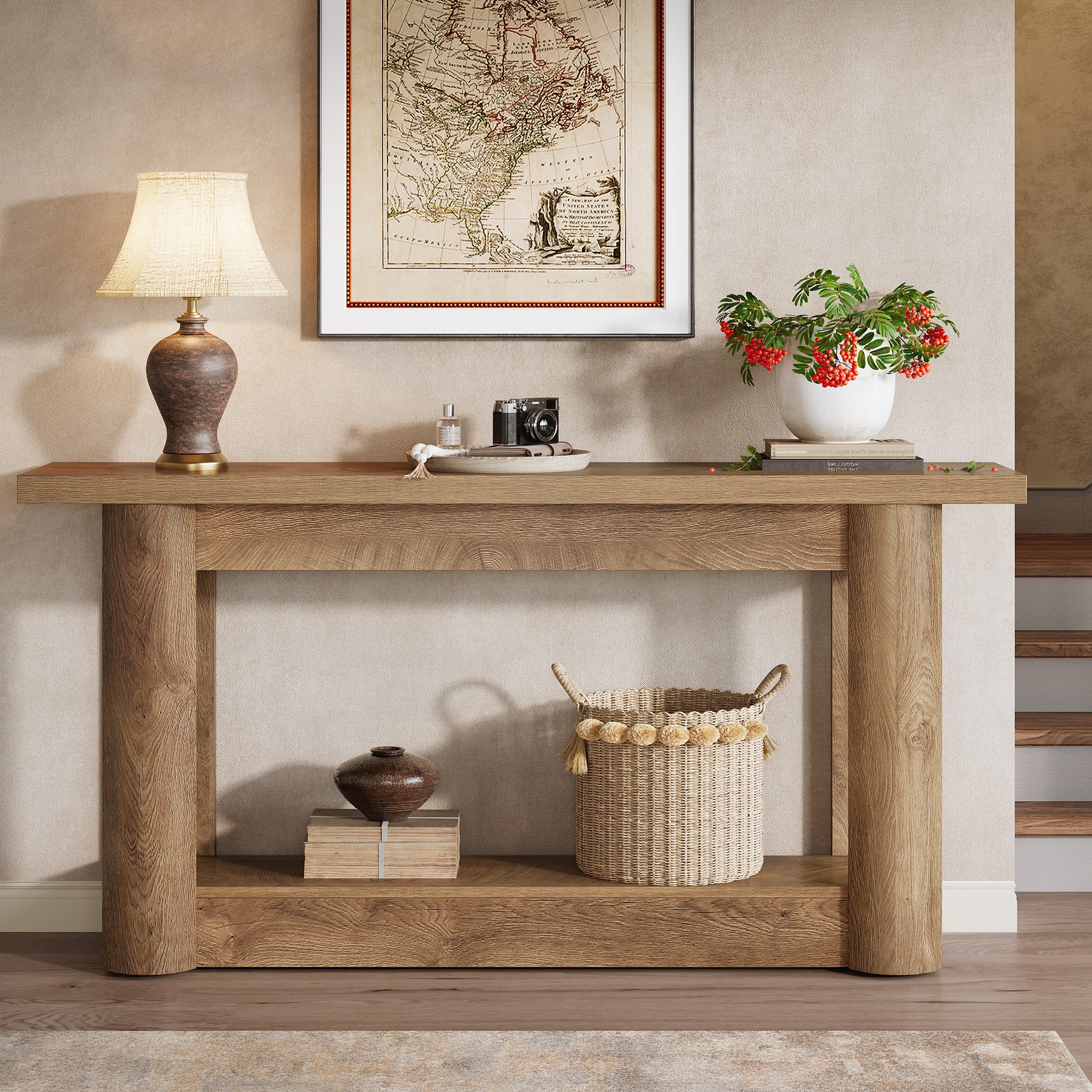 160 cm Landelijke Console met 2 Planken, Smalle Lange Salontafel in Rustiek Bruin voor Hal en Entree