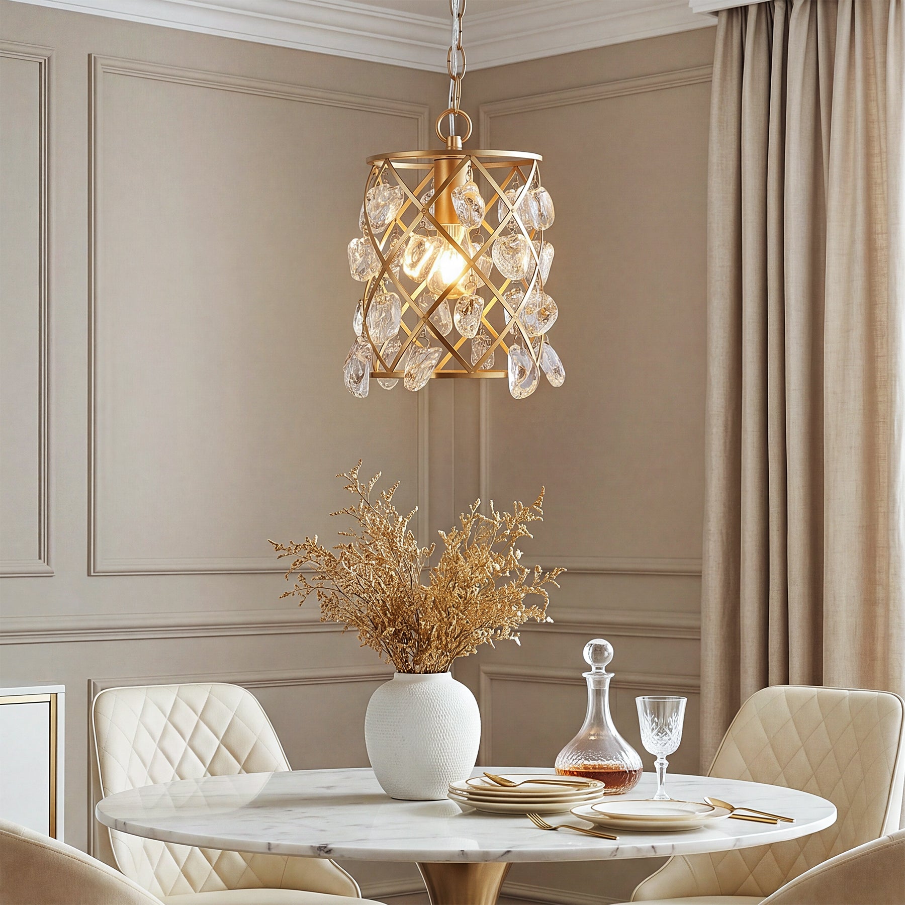 17,5 x 17,5 x 30 cm Tribesigns Gouden Hanglamp, Moderne Pendellamp met Watergolf Glaskristallen en E27-Fitting voor Keukeneiland Eetkamer en Hal [Energy Class E]