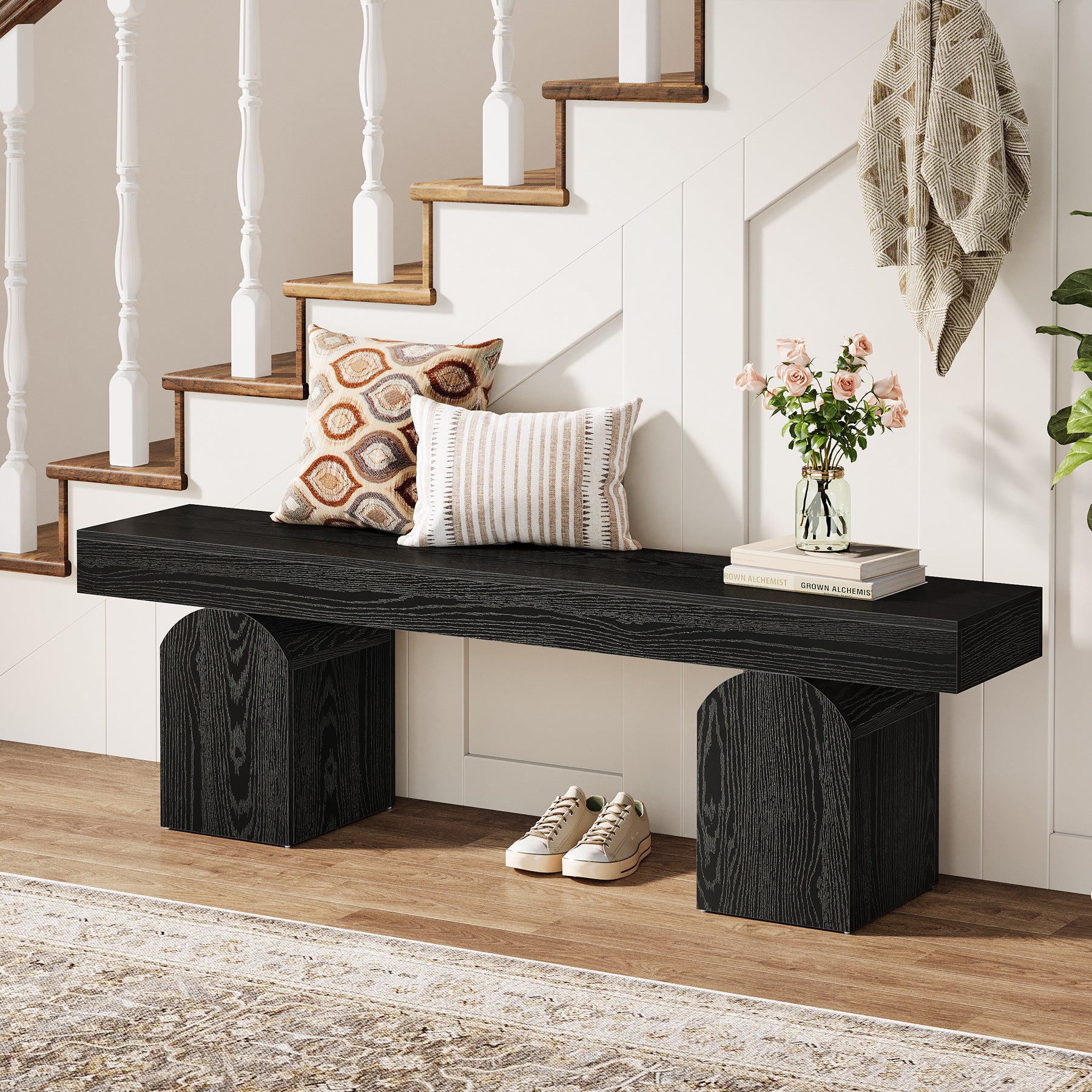 Halbank van 150 cm in Zwart met Gebogen Onderstellen, Houten Binnenbank voor Entree en Woonkamer