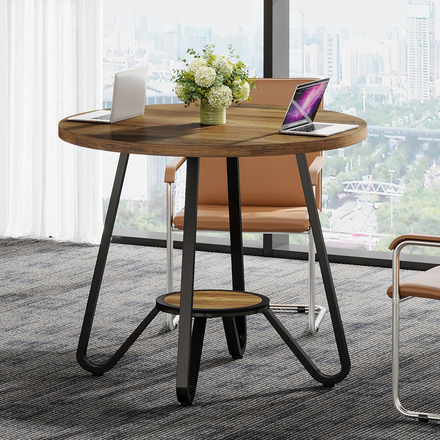 80 x 80 x 75 cm Ronde Conferentietafel voor 2-4 Personen, Compacte Houten Kantoortafel Bruin