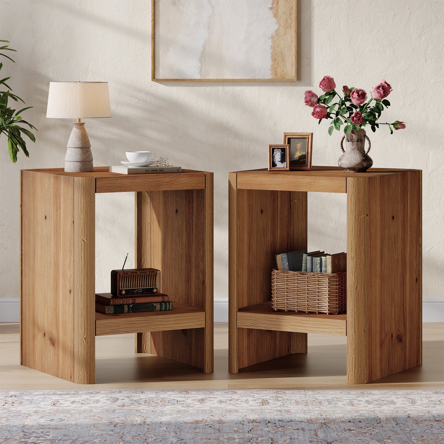 50 cm Bijzettafel met 2 Niveaus en Opbergrek, Massief Houten Tafel voor Woonkamer en Slaapkamer