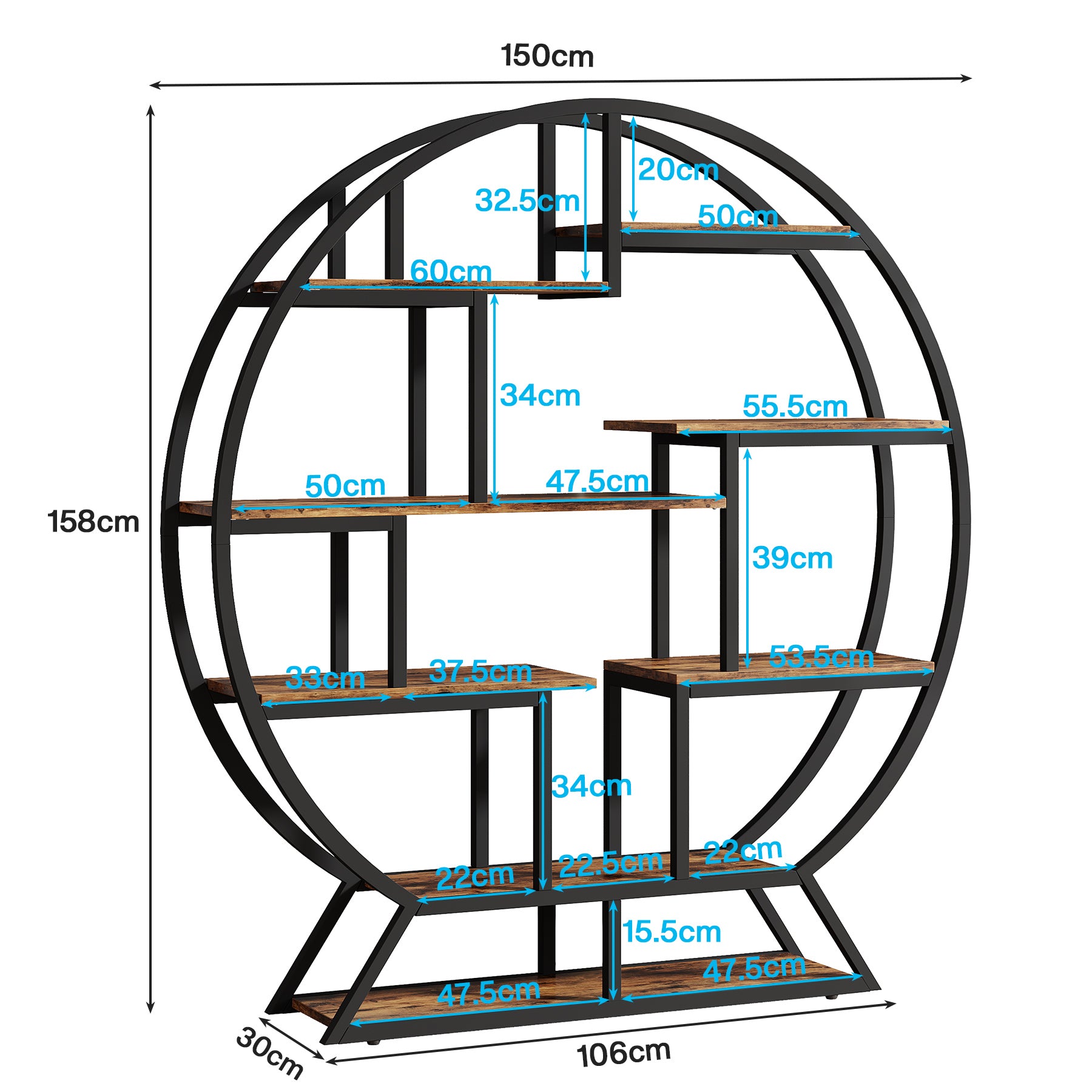 160 cm Ronde Boekenkast, Vijfplanken Opbergmeubel voor Kantoor en Woonkamer
