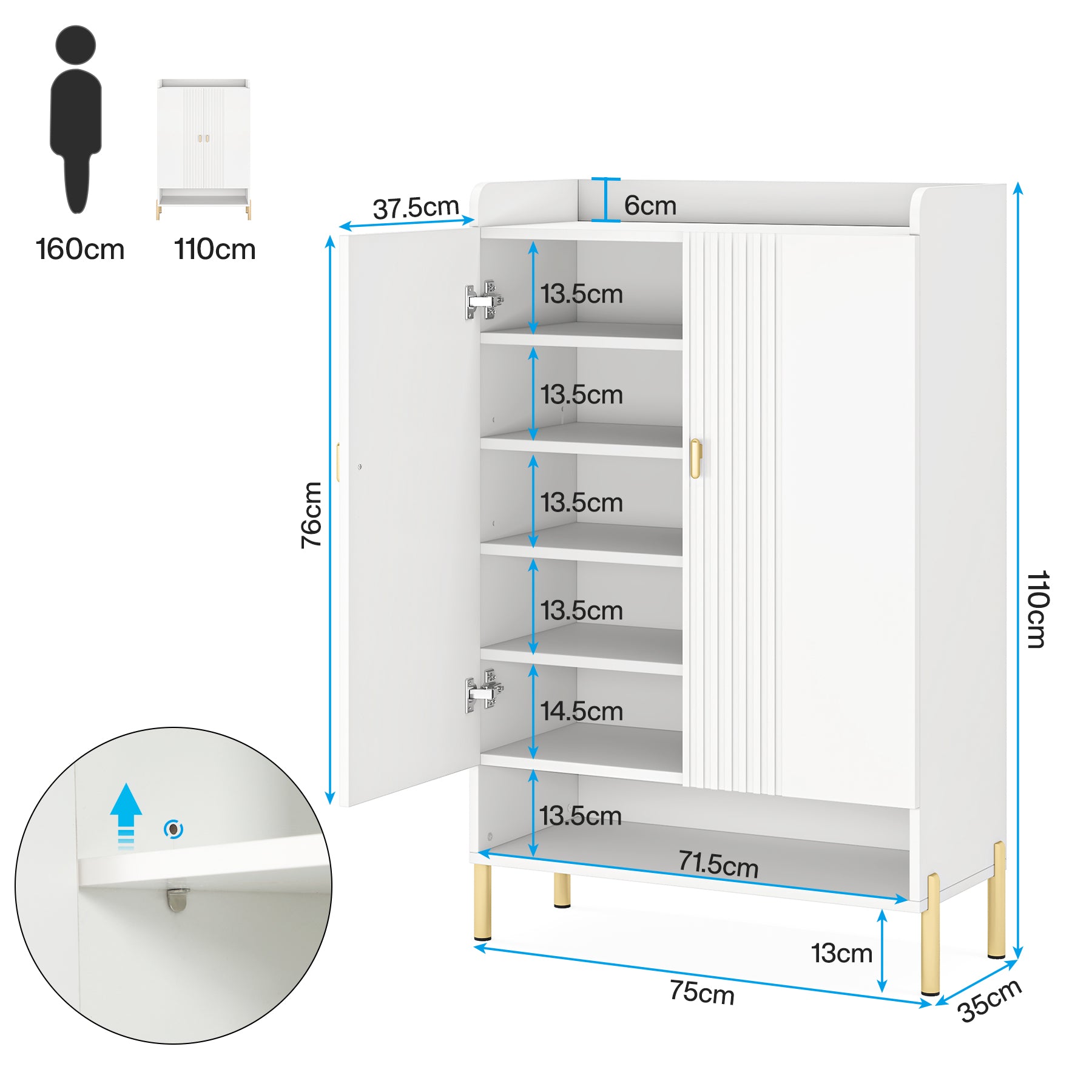 110 cm Smalle Schoenenkast, Zes Planken Opbergmeubel met Deuren voor Hal en Entree
