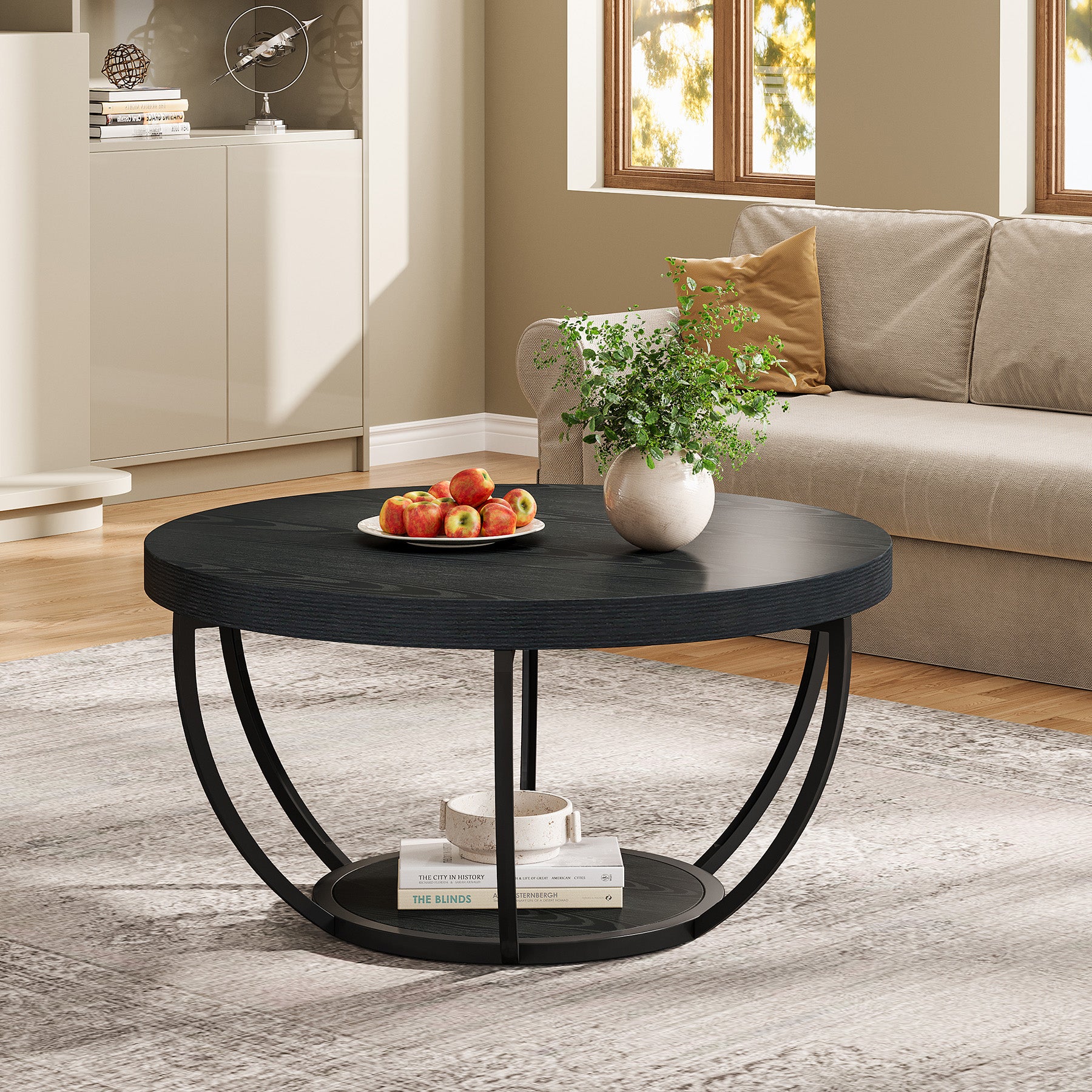80,5 cm Ronde Industriële Salontafel, Tweelaags Middentafel in Rustiek Bruin en Zwart