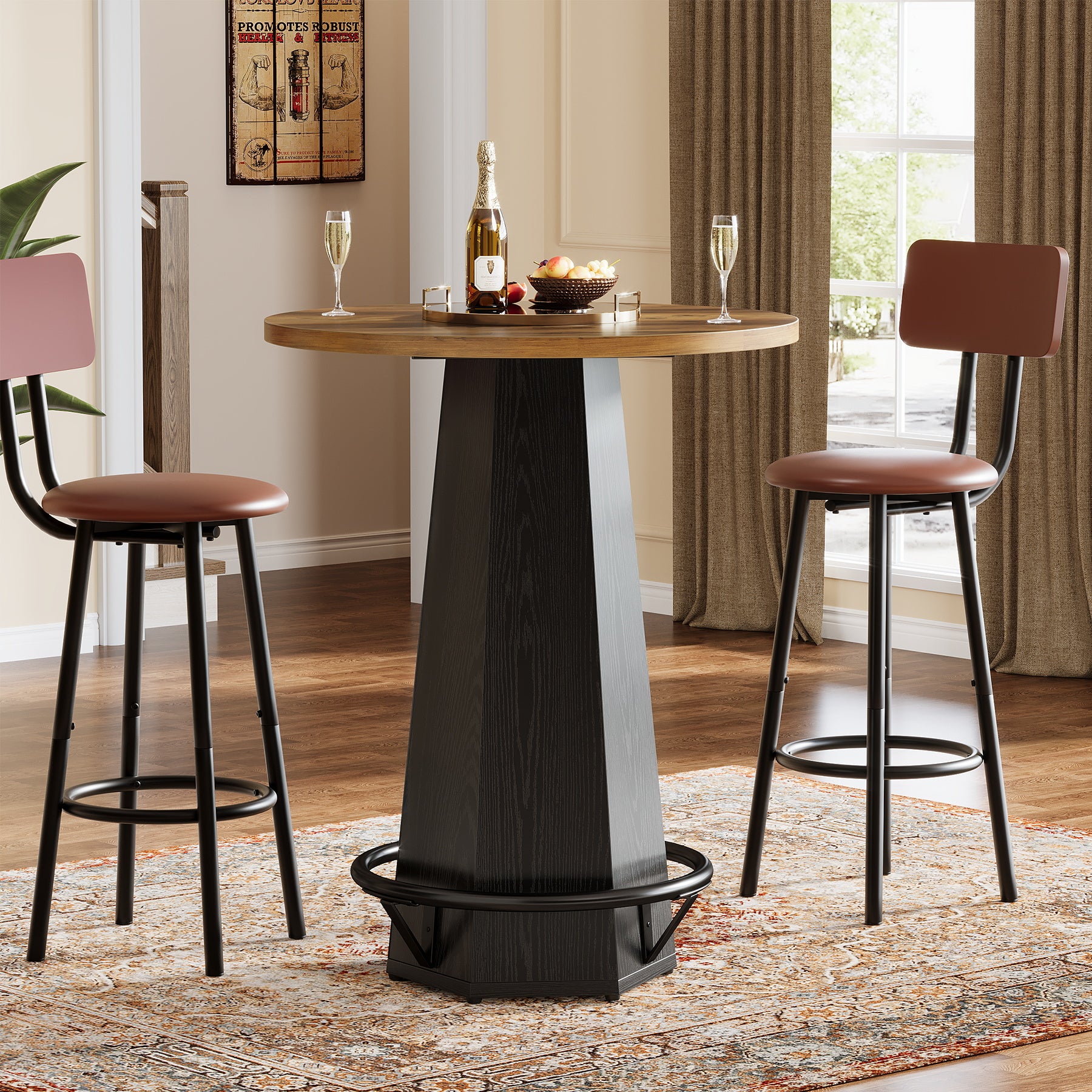 100 cm Ronde Bartafel voor 2 Personen, Industriële Eettafel met Voetenring