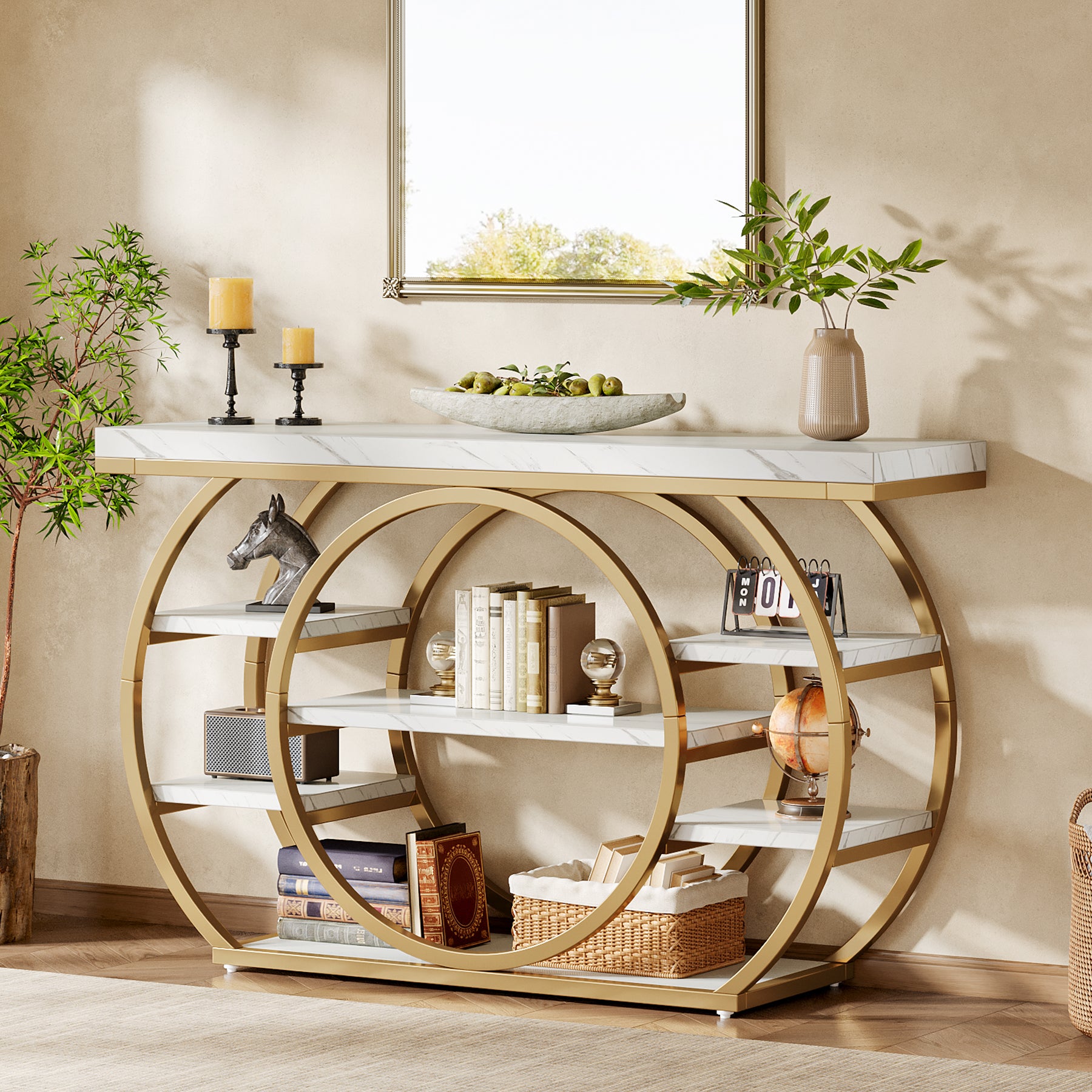 Consoletafel van 120 cm met 5 Lagen in Industrieel Design, Smalle Banktafel voor Woonkamer en Hal in Rustiek Bruin