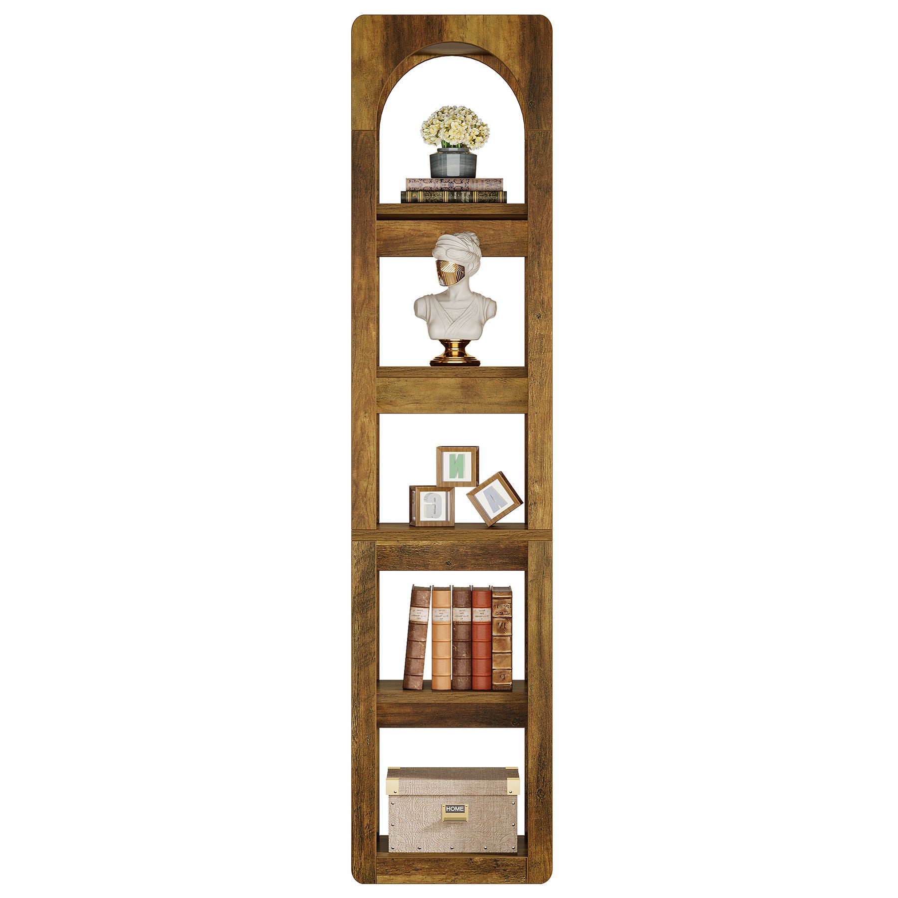 180cm Hoge Smalle Boekenkast, 5 Planken Open Opbergrek voor Kleine Ruimtes in Bruin
