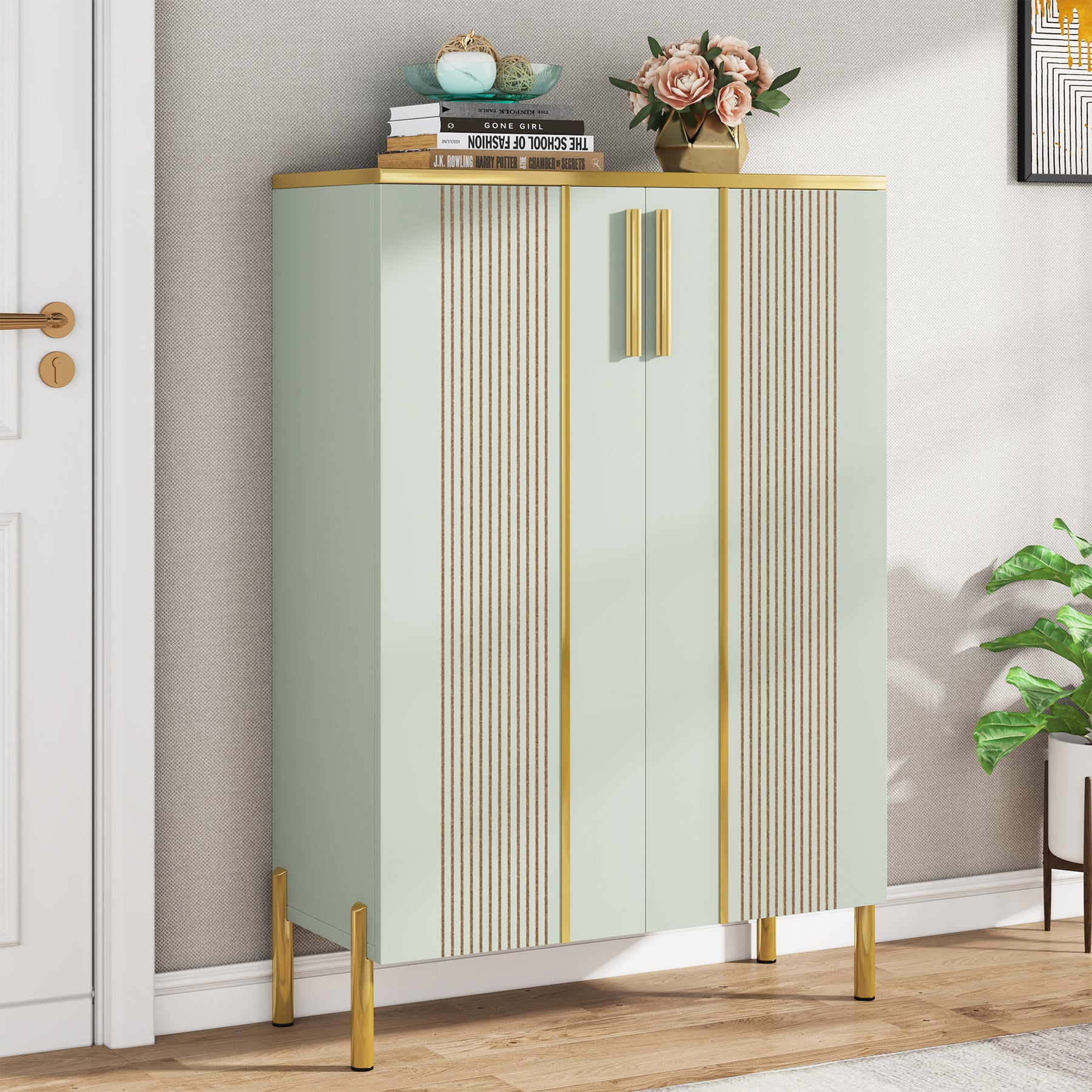 120 cm Hoge Schoenenkast, Witte Opbergmeubel met Zes Planken en Gouden Accenten