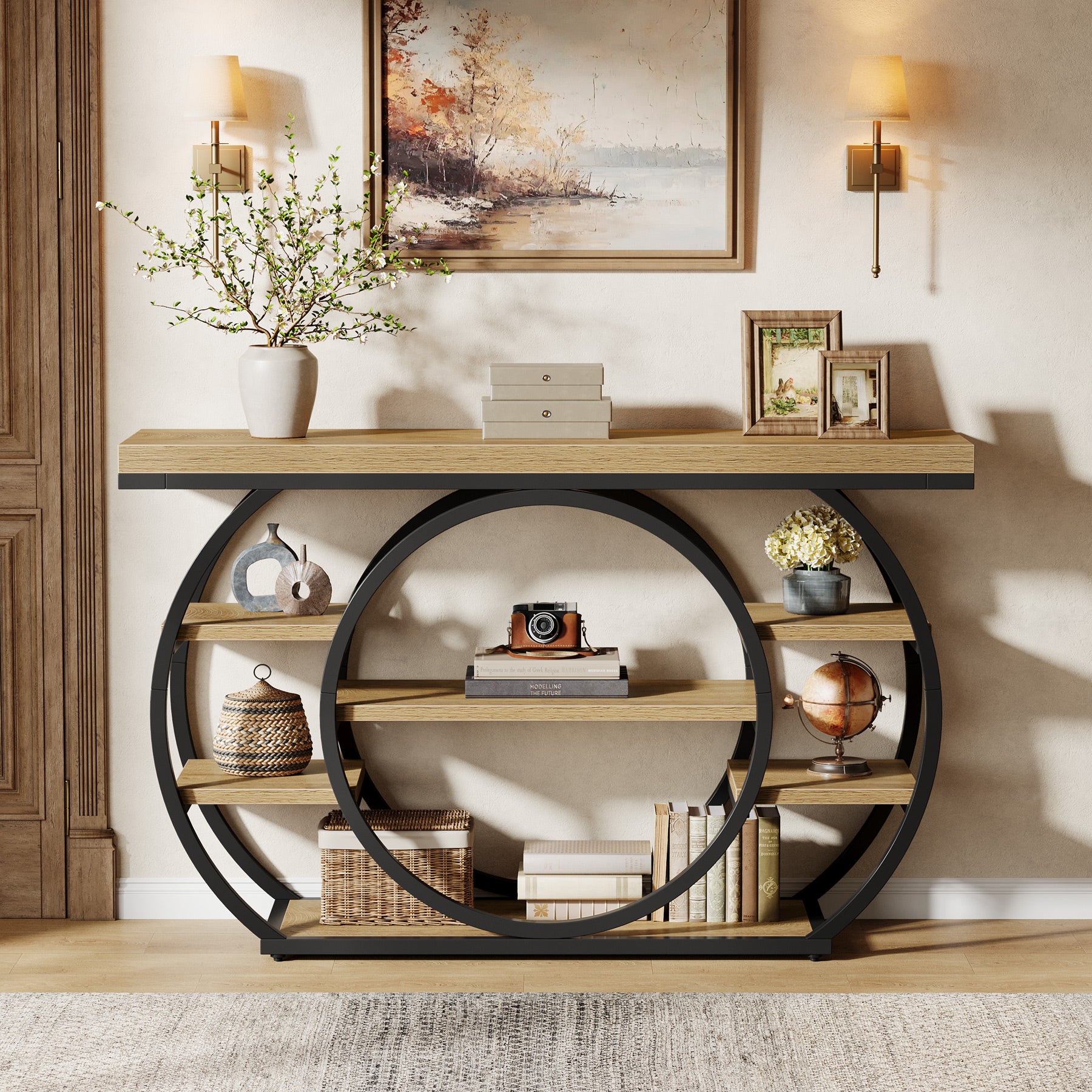 Consoletafel van 120 cm met 5 Lagen in Industrieel Design, Smalle Banktafel voor Woonkamer en Hal in Rustiek Bruin