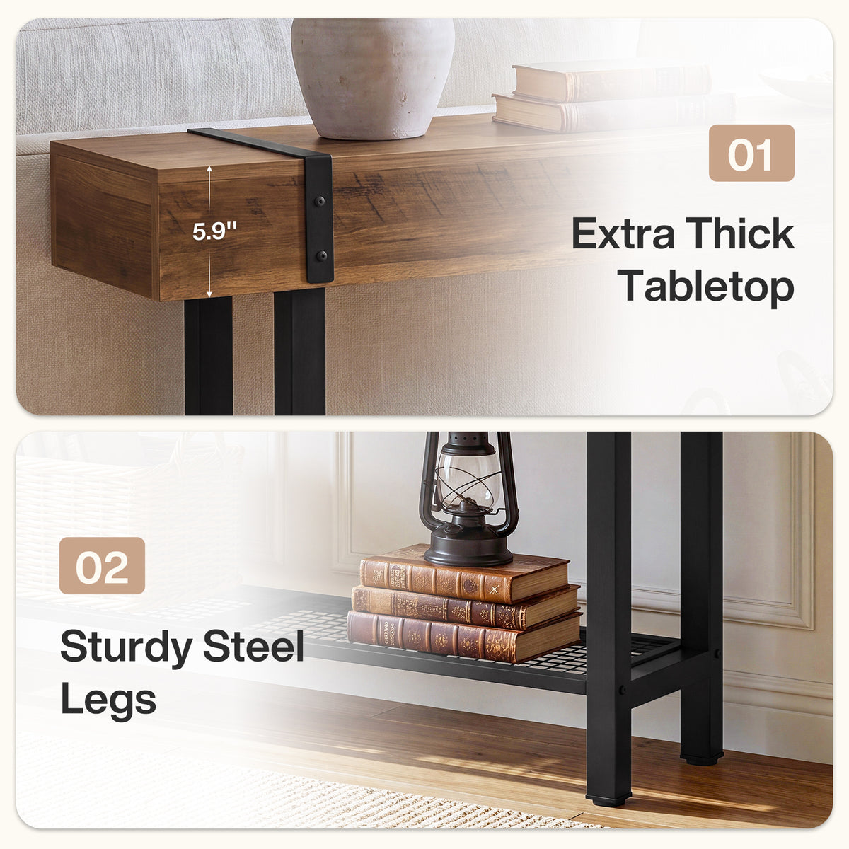 160 cm Tribesigns industriële consoletafel met 2 niveaus, smalle banktafel voor hal en achter de bank