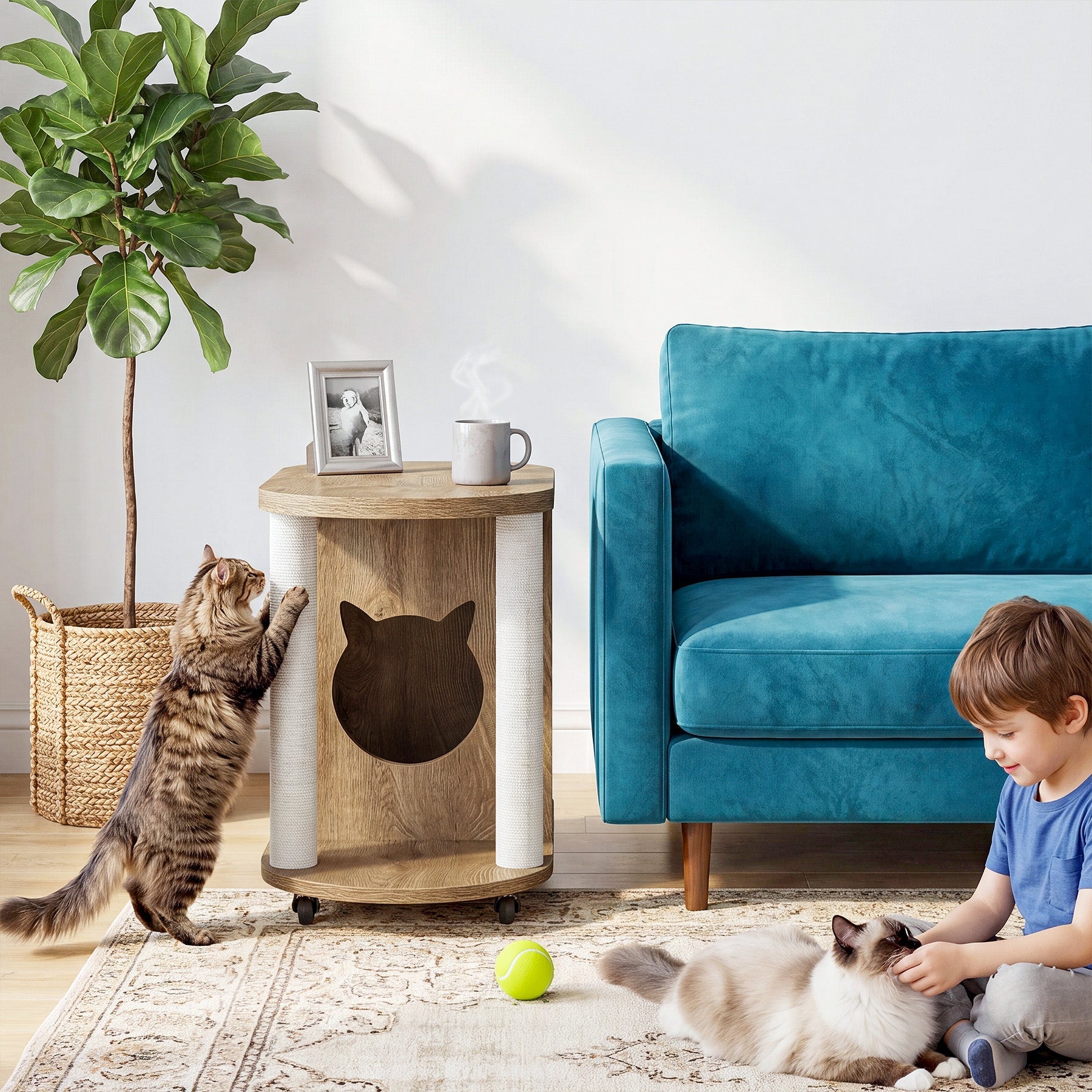 Tribesigns kattenhuis met krabpalen & bijzettafel, ovale salontafel op wielen met kattenhol