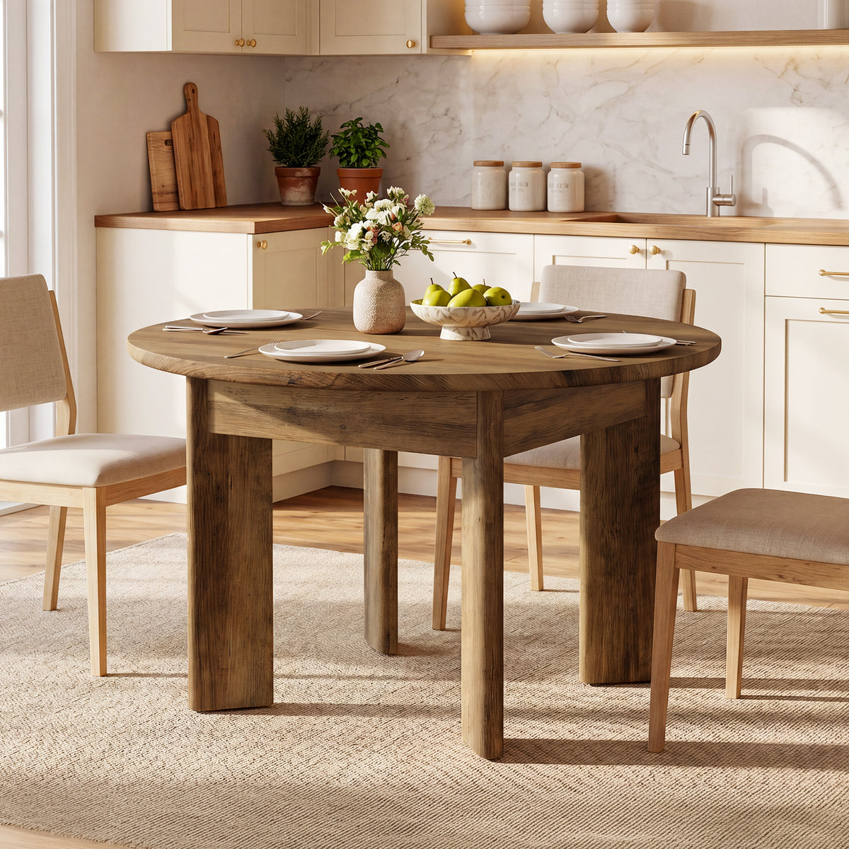 100 cm ronde eettafel voor 4 personen met dikke gebogen poten, compacte keukentafel in landelijke stijl voor eetkamer