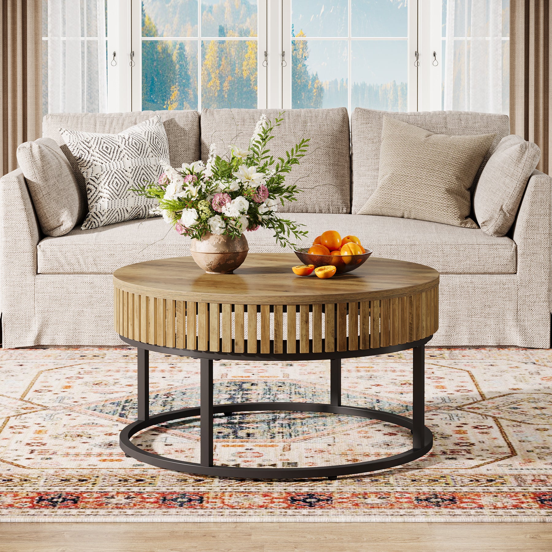 80 cm Ronde Salontafel van Hout, Moderne Industriële Koffietafel voor de Woonkamer