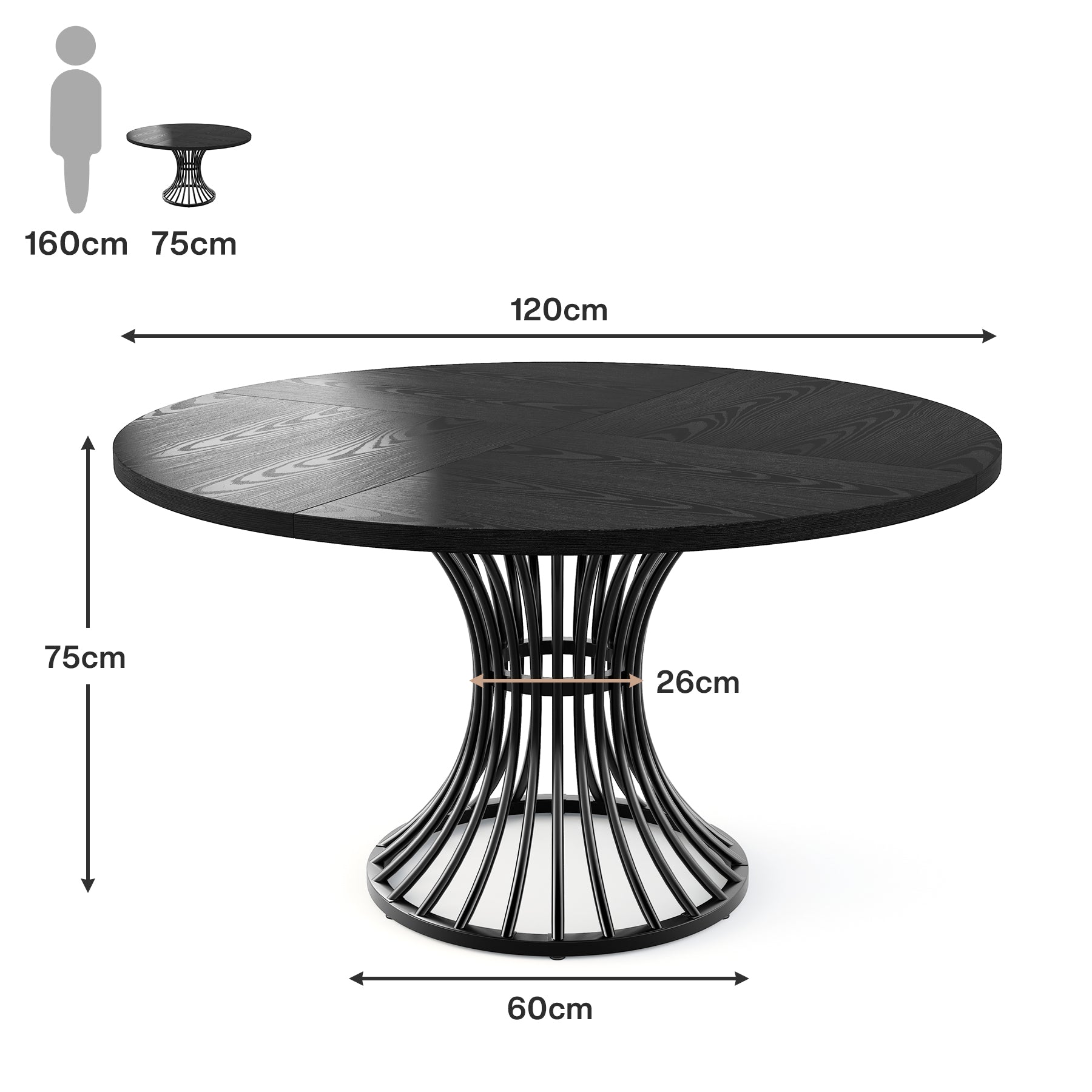 119 cm Ronde Industriële Eettafel, Voor 4-6 Personen met Metalen Frame in Zwart en Bruin