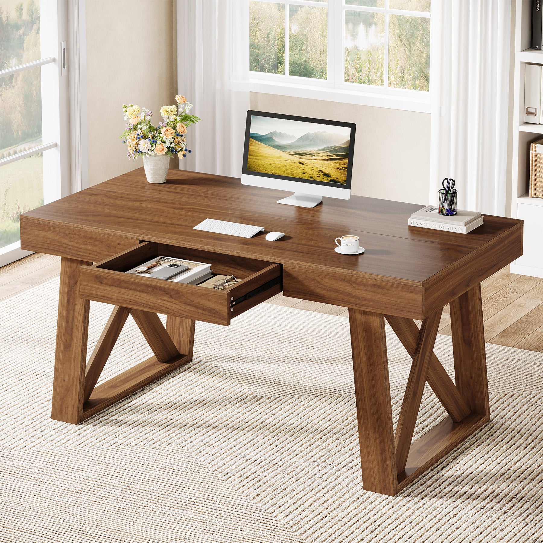 140 cm Bredere Bureau, Retro Houten Bureau met Laden voor Thuiswerk en Kantoor