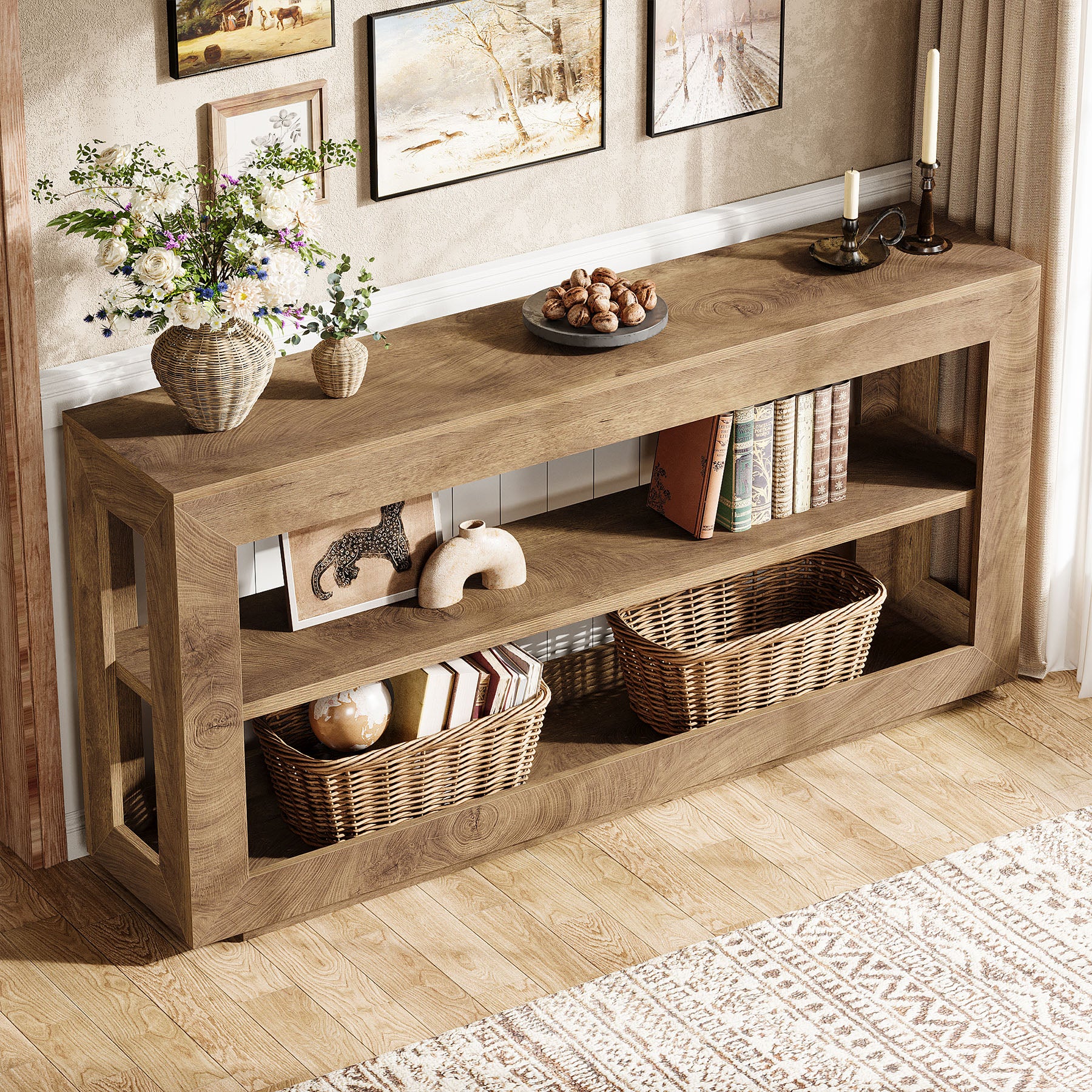 160 cm Consoletafel met 3 Lagen Opslag, Landelijke Haltafel voor Woonkamer Gang Bruin