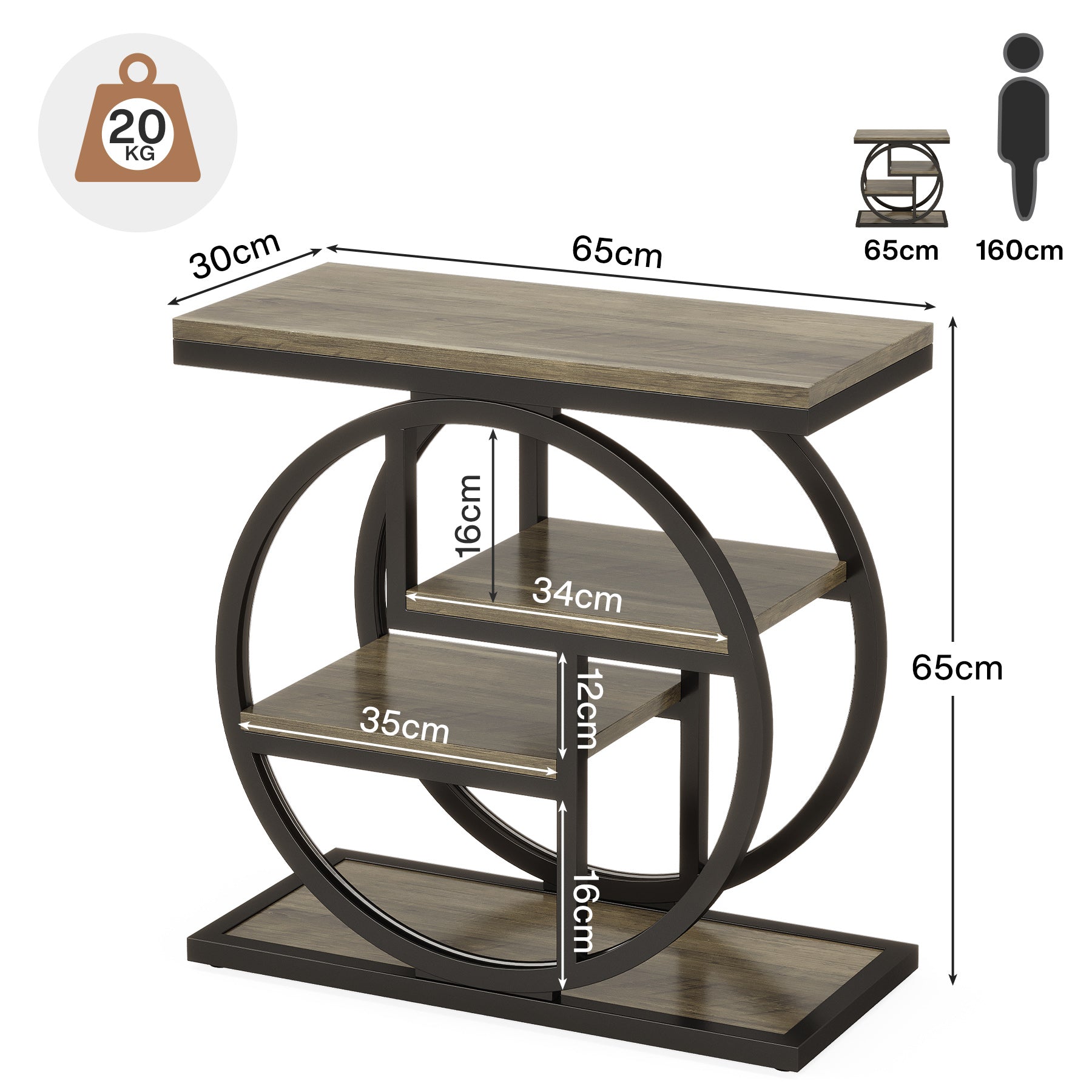 60 cm Industriële Bijzettafel, Vierplanken Opbergmeubel in Rustiek Bruin