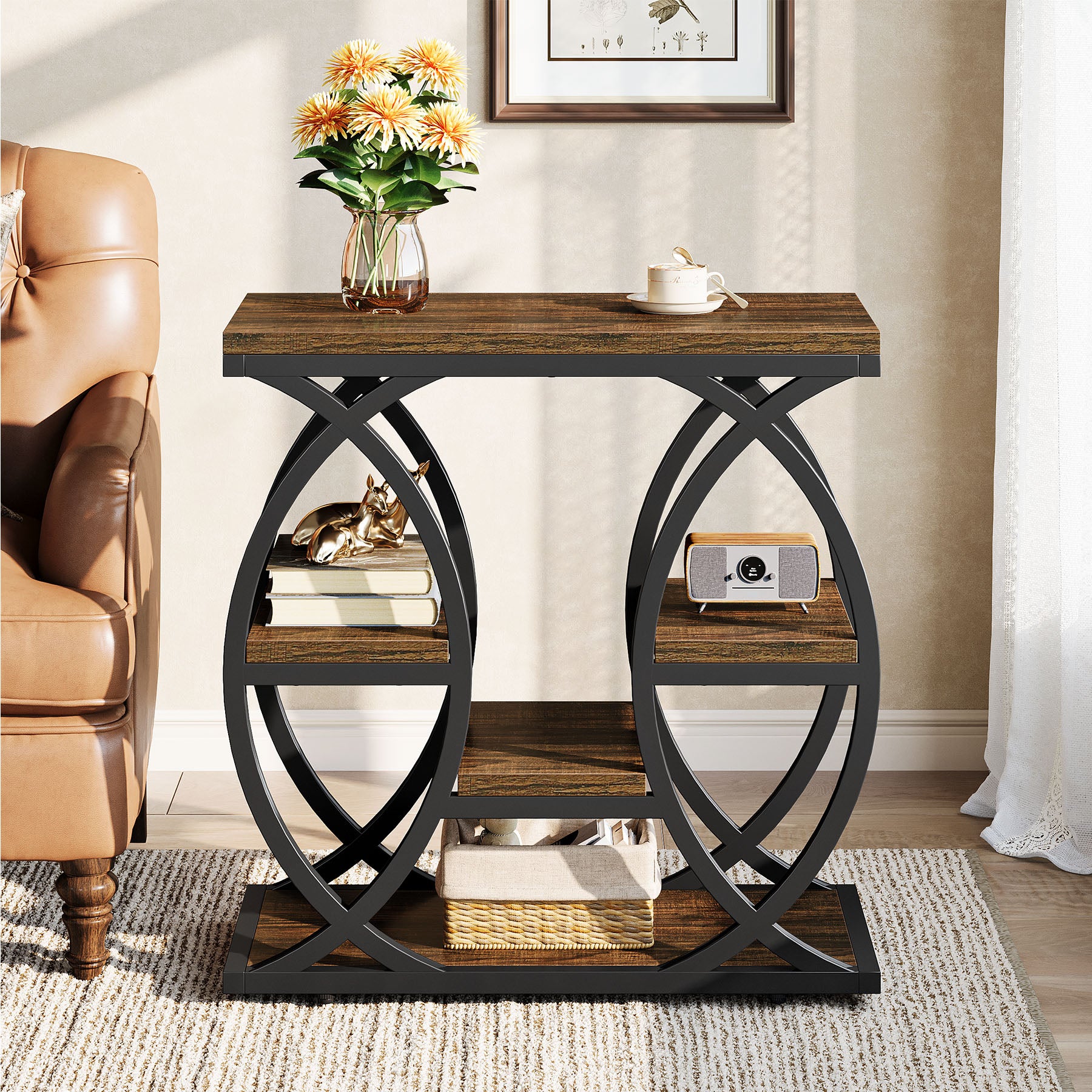 Tribesigns Bijzettafel met 4 Planken, 60 cm Smal Nachtkastje met Opbergruimte voor Woonkamer