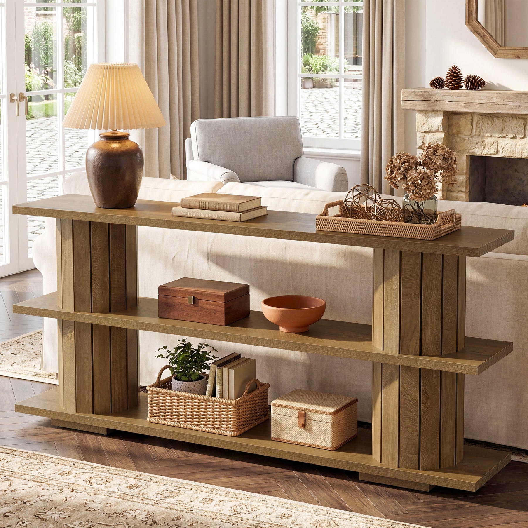 160 cm Consoletafel met 3-Laags Opbergrekken, Lange Haltafel voor Woonkamer en Entree
