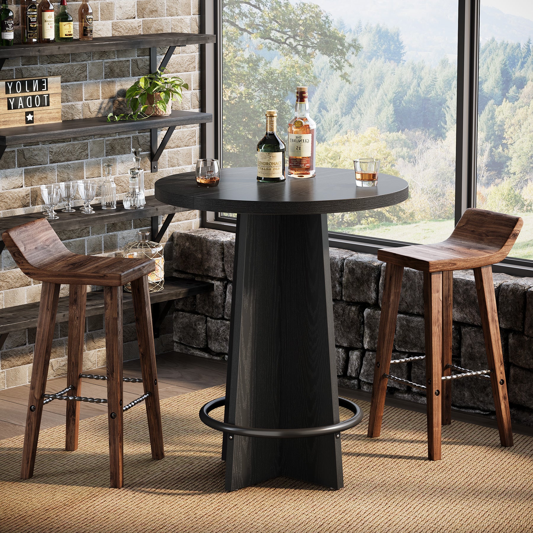 80 cm Bar Tafel, Houten Pub Tafel met Metalen Ringvoetsteun
