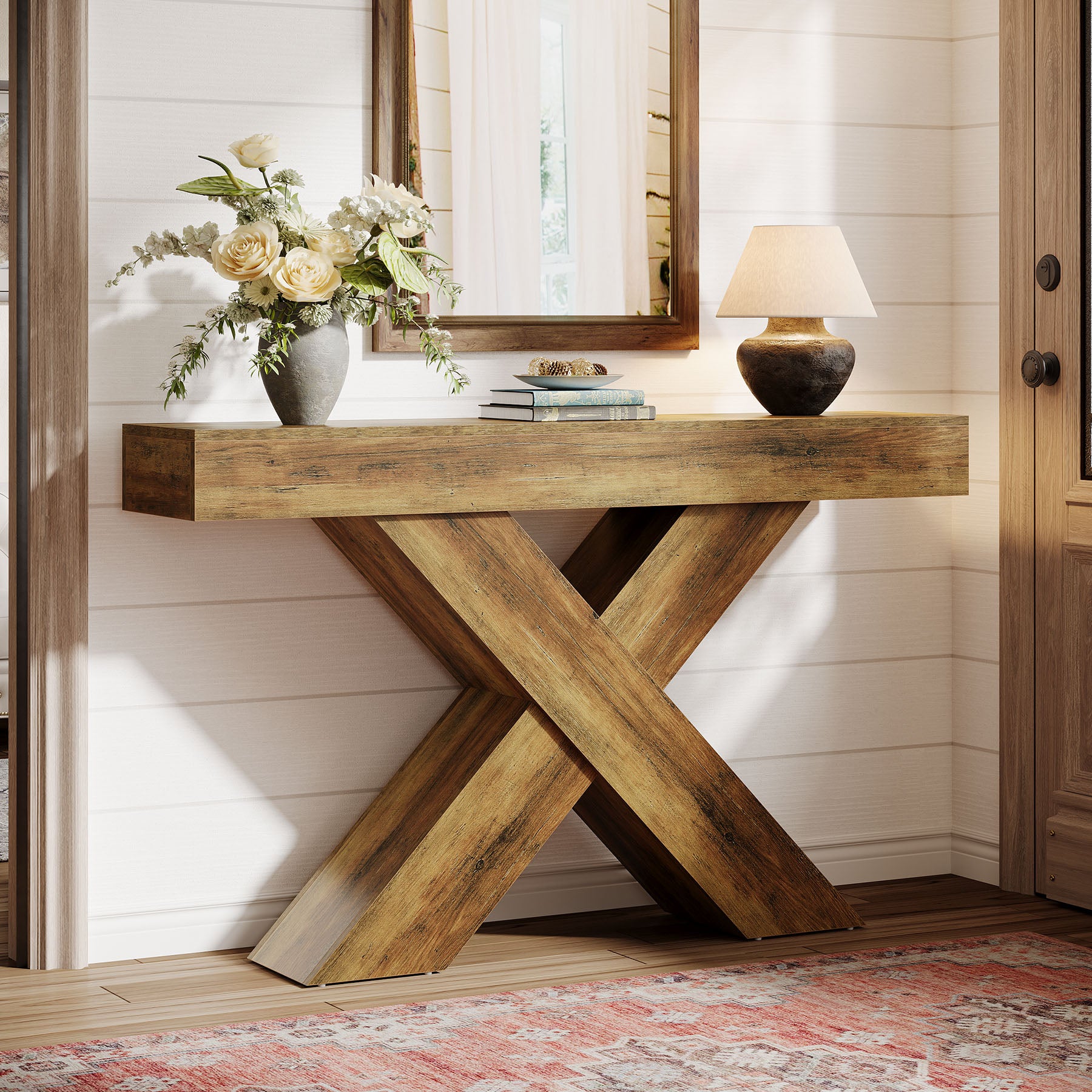 140 cm consoletafel, houten sidetable met uniek ontwerp voor hal of achter bank