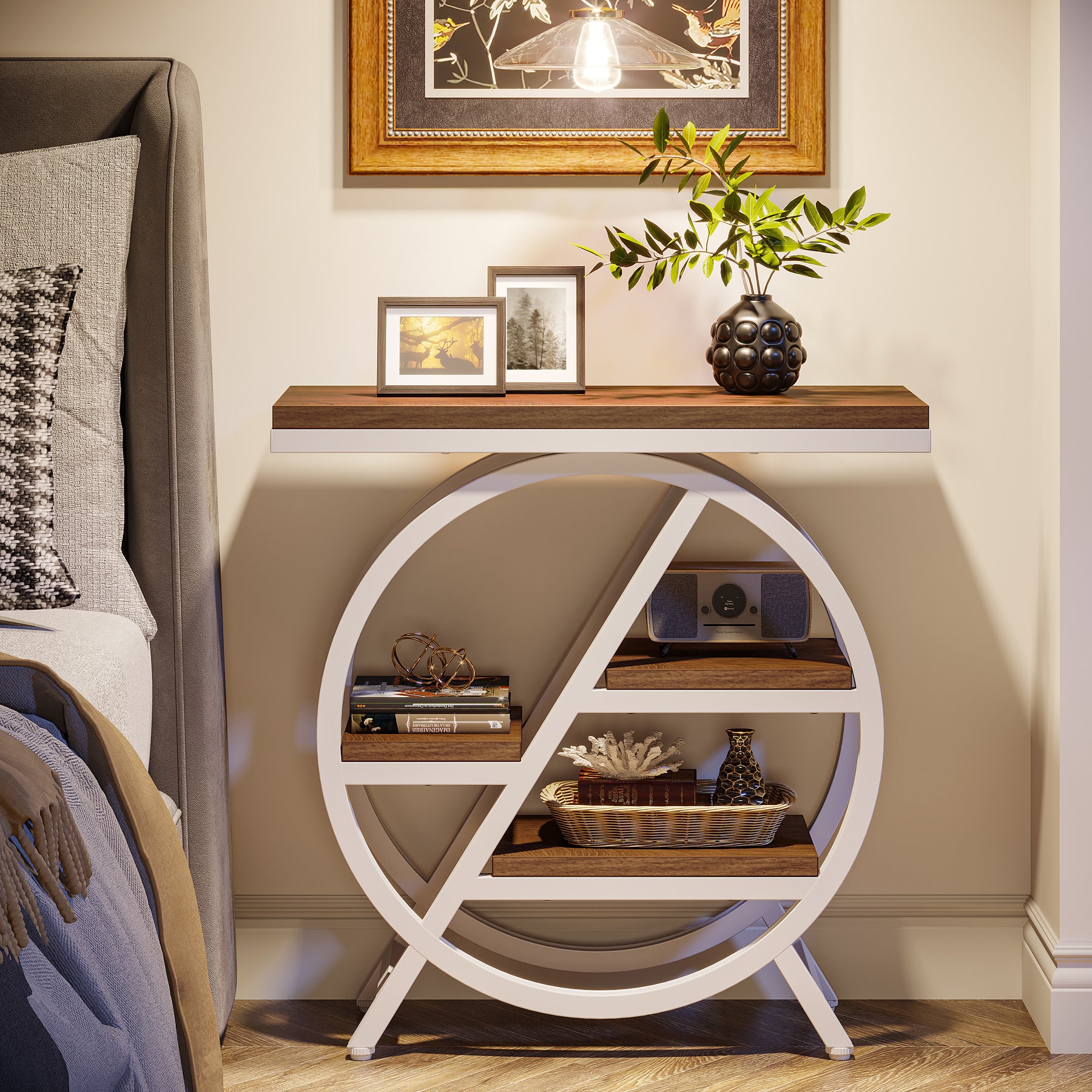 65 cm Drieplanken Bijzettafel, Industriële Houten Tafel met Geometrisch Frame voor Woonkamer