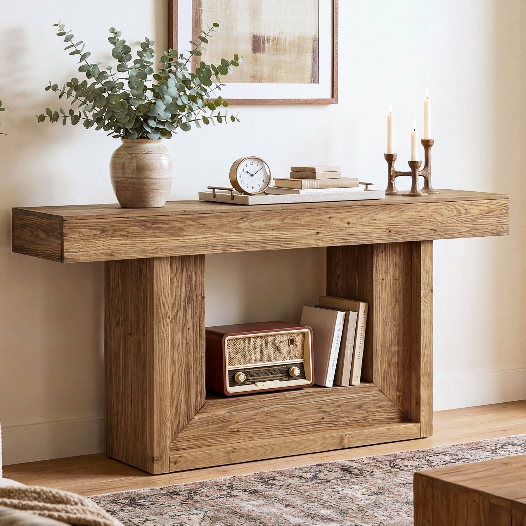 160 cm Houten Consoletafel met Open Opbergrek, Landelijke Smalle Haltafel vooar Woonkamer Entree Hal