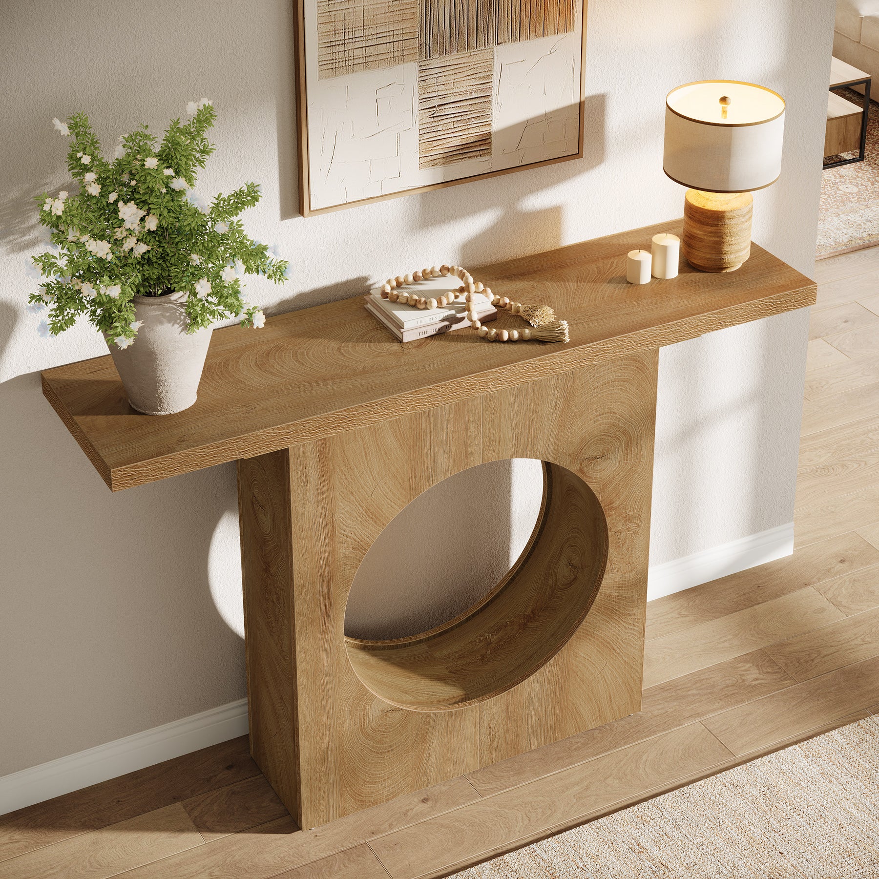 105 cm Landelijke Consoletafel met Rond Gat Ontwerp, Smalle Haltafel voor Woonkamer