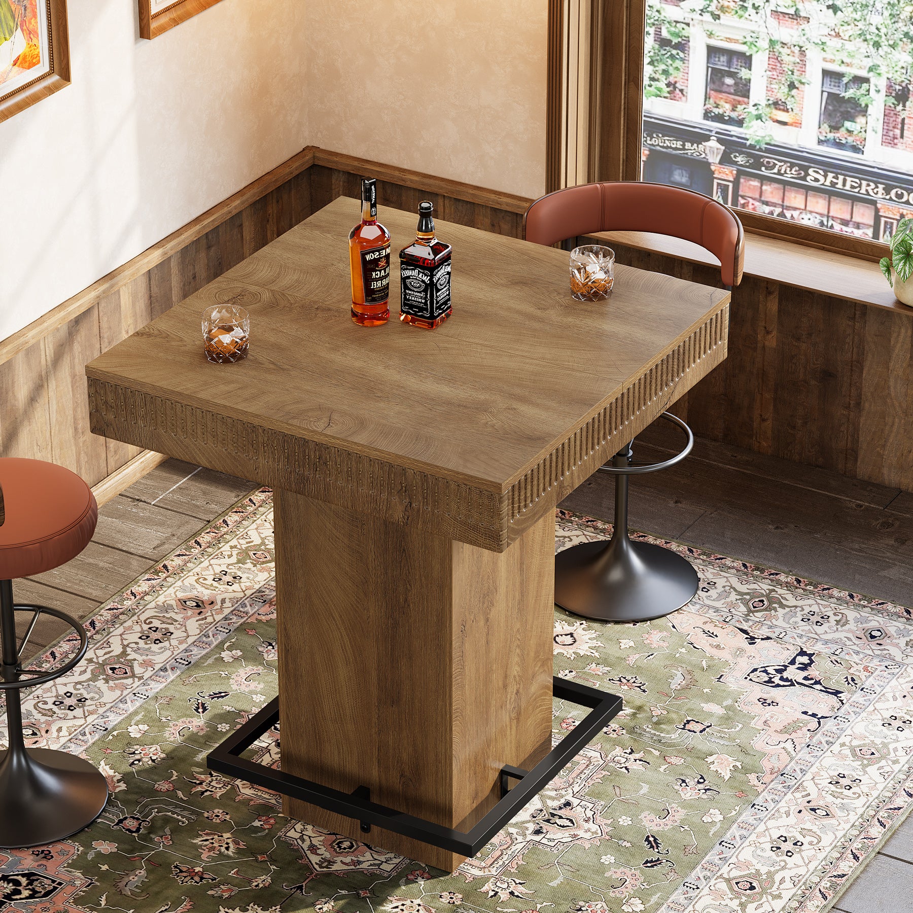 80 cm Vierkante Bartafel, Industriële Bistro Pubtafel met Metalen Voetensteun