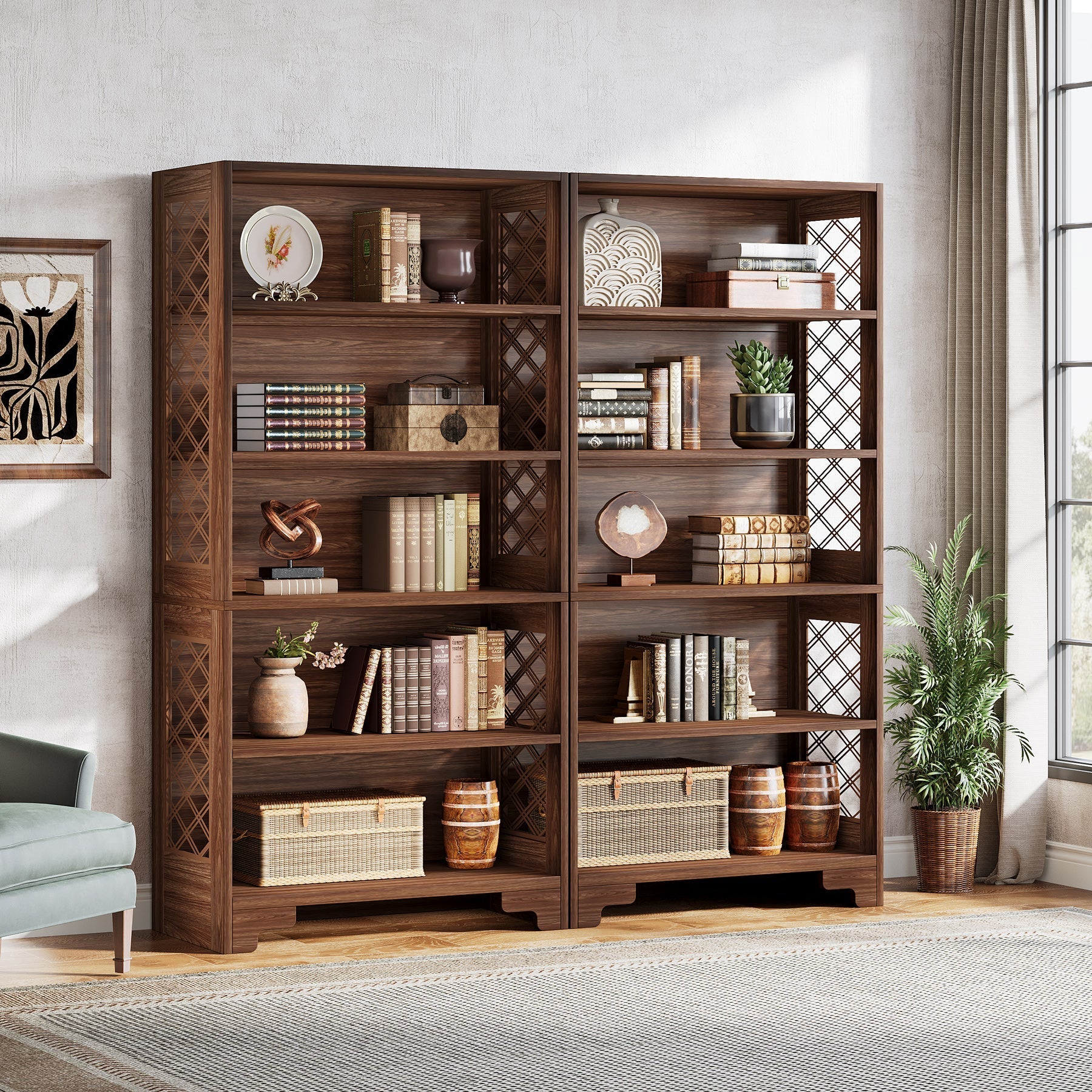 Hoge Boekenkast met Zes Planken, 180 cm Mid-Century Boekenkast voor Woonkamer