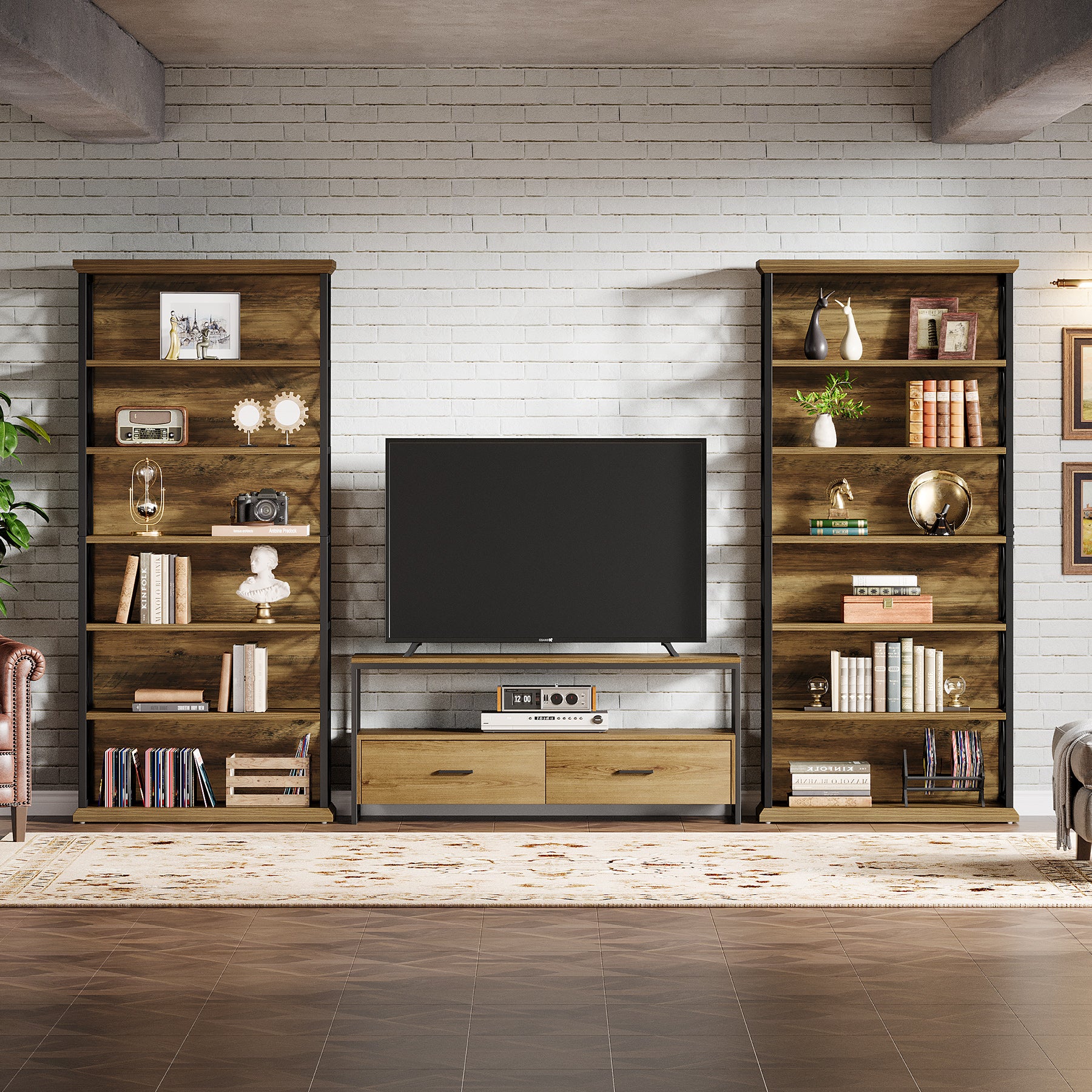 185 cm Hoge Industriële Boekenkast, 6 Planken Open Etagère in Hout en Metaal voor Woonkamer