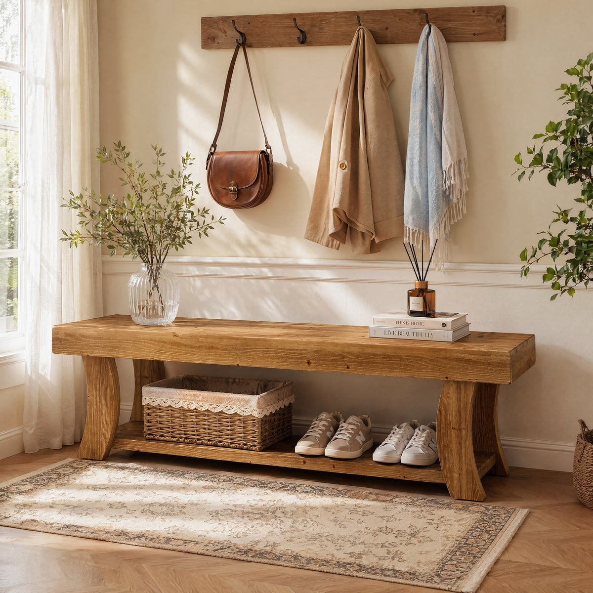 160 cm houten entreebank met opbergrek en massief houten design, landelijke schoenenbank voor hal en woonkamer