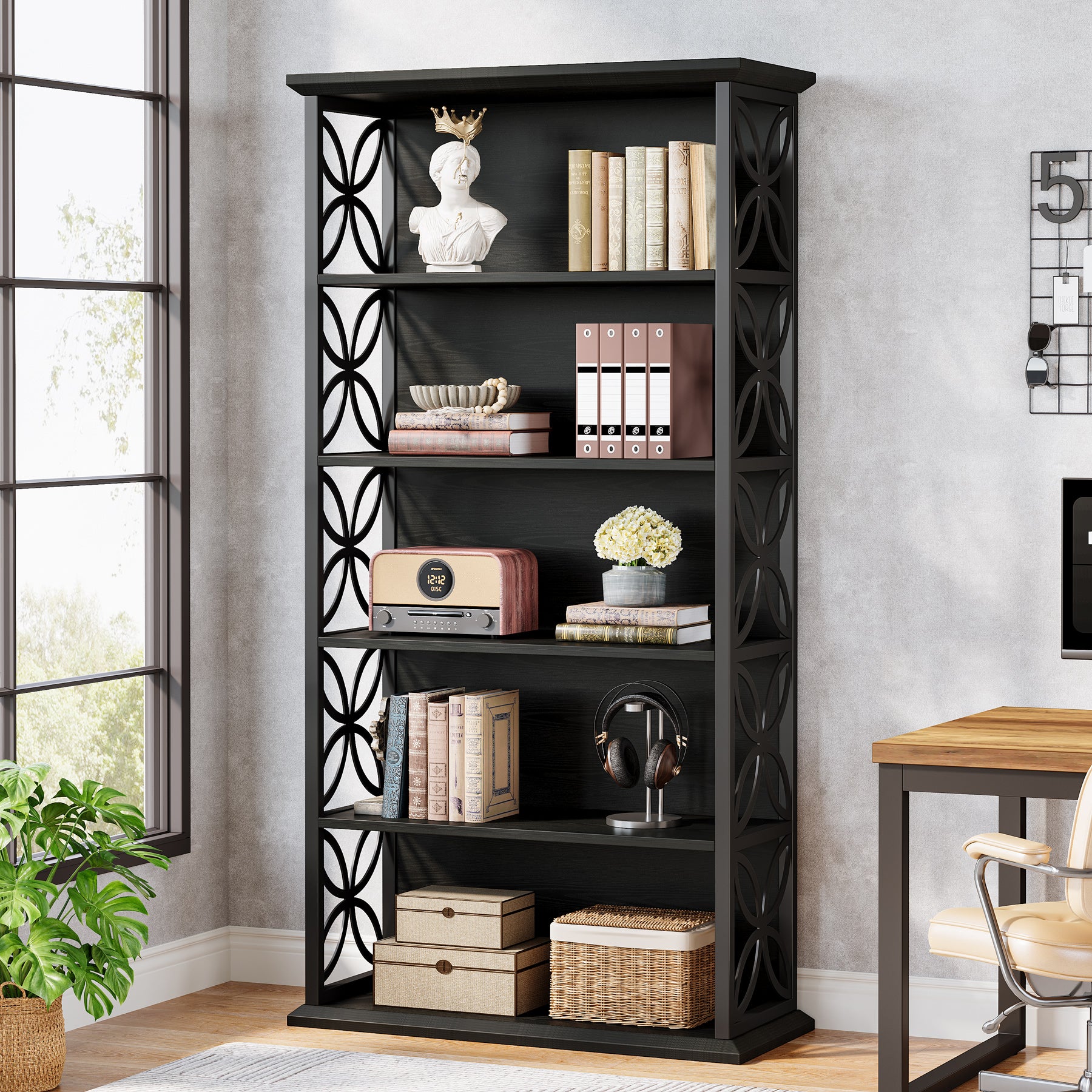 180 cm Industriële Boekenkast, 6 Open Rekken met Metaal Frame voor Elke Ruimte