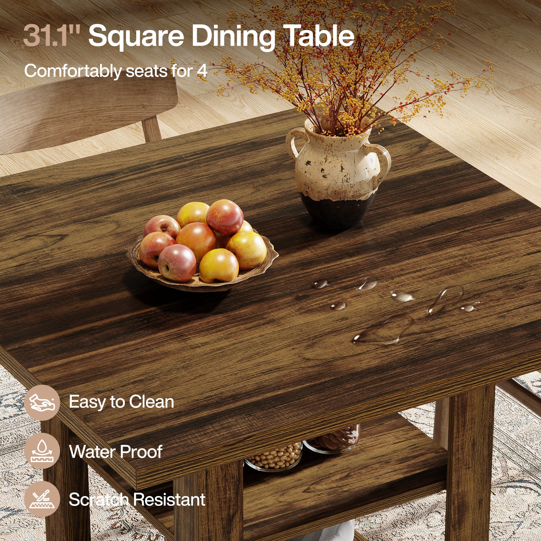 Tribesigns 79 cm Vierkante Eettafel voor 4 Personen, Met 2-Tier Opbergruimte