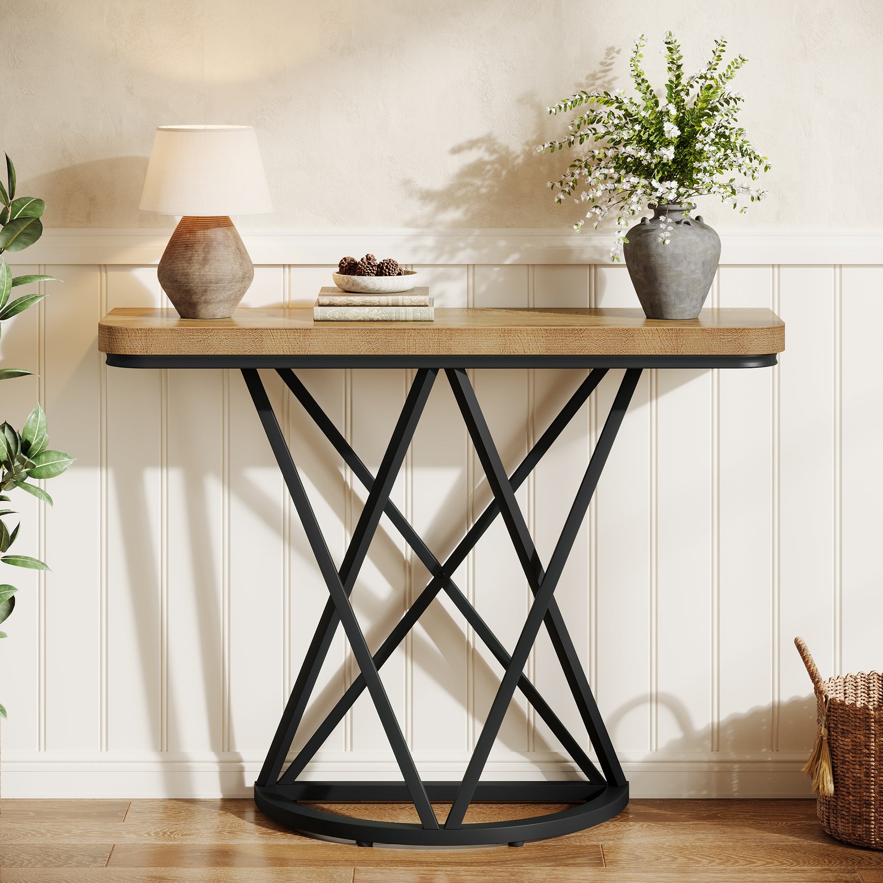 105 cm Industriële Console Tafel, Smalle Entreetafel met Geometrisch Metaal Onderstel
