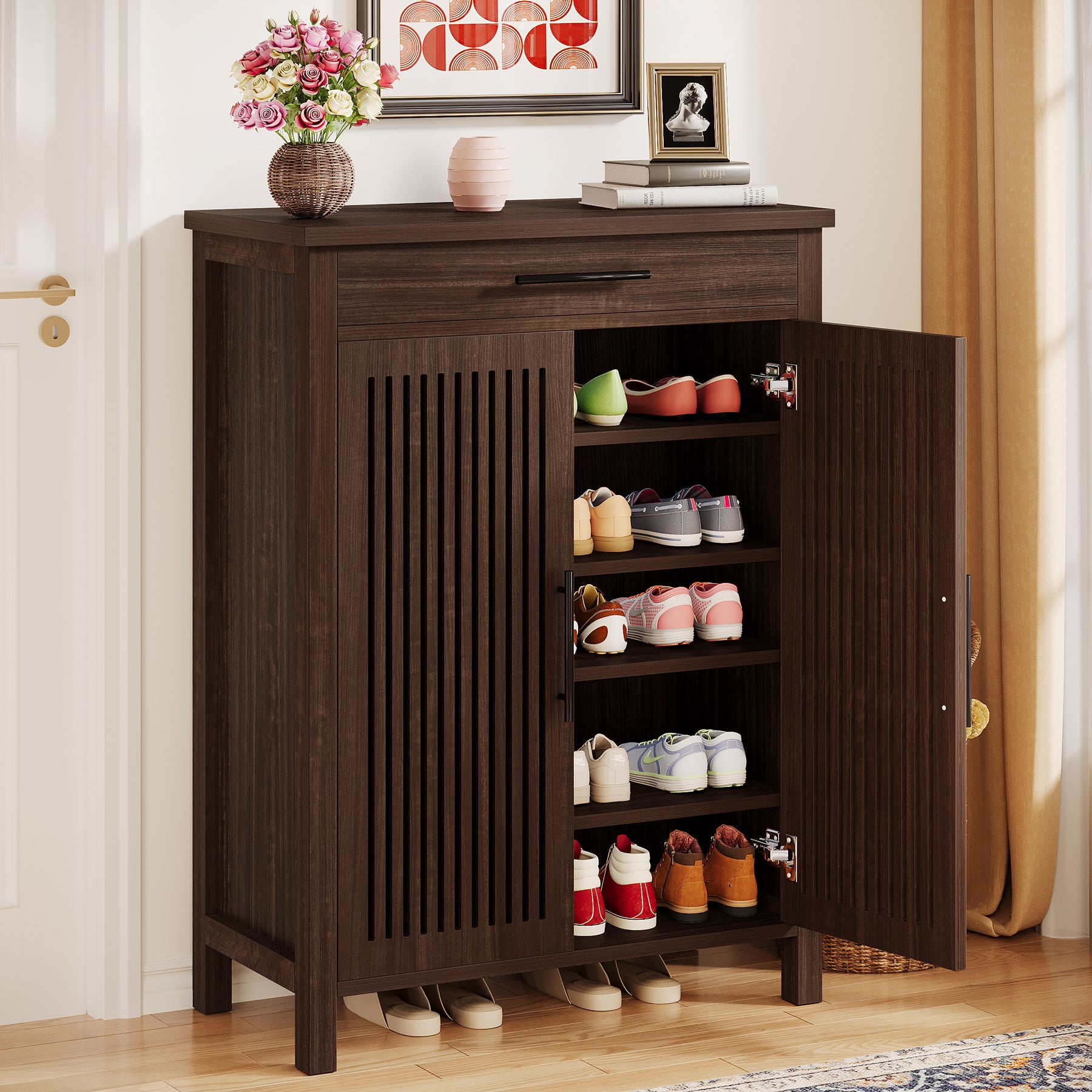 Smal Schoenenmeubel 80 cm, Verstelbare Kast Met 5 Planken En Lamellendeuren