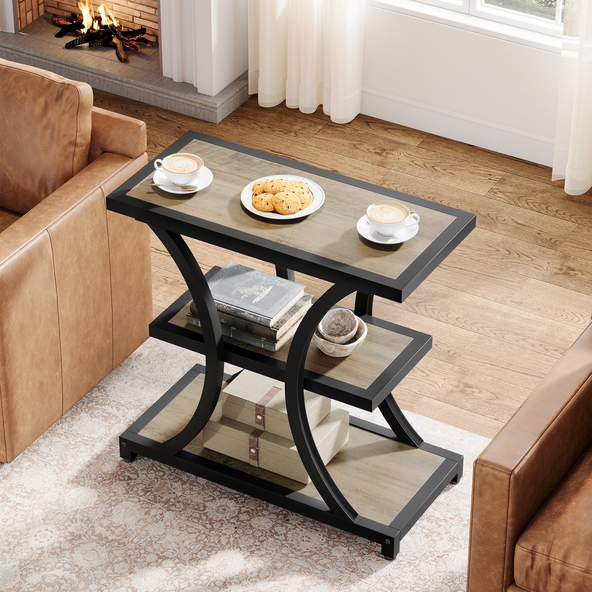 40x40x50 cm Industriële Opbergtafel, 3-laags met Geometrisch Metaal