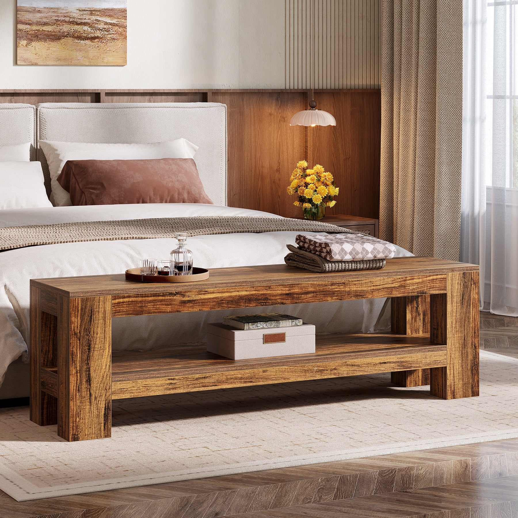 Tribesigns 150 cm Houten Halbank met Opbergplank, Landelijke Schoenenbank voor Hal Keuken Entree