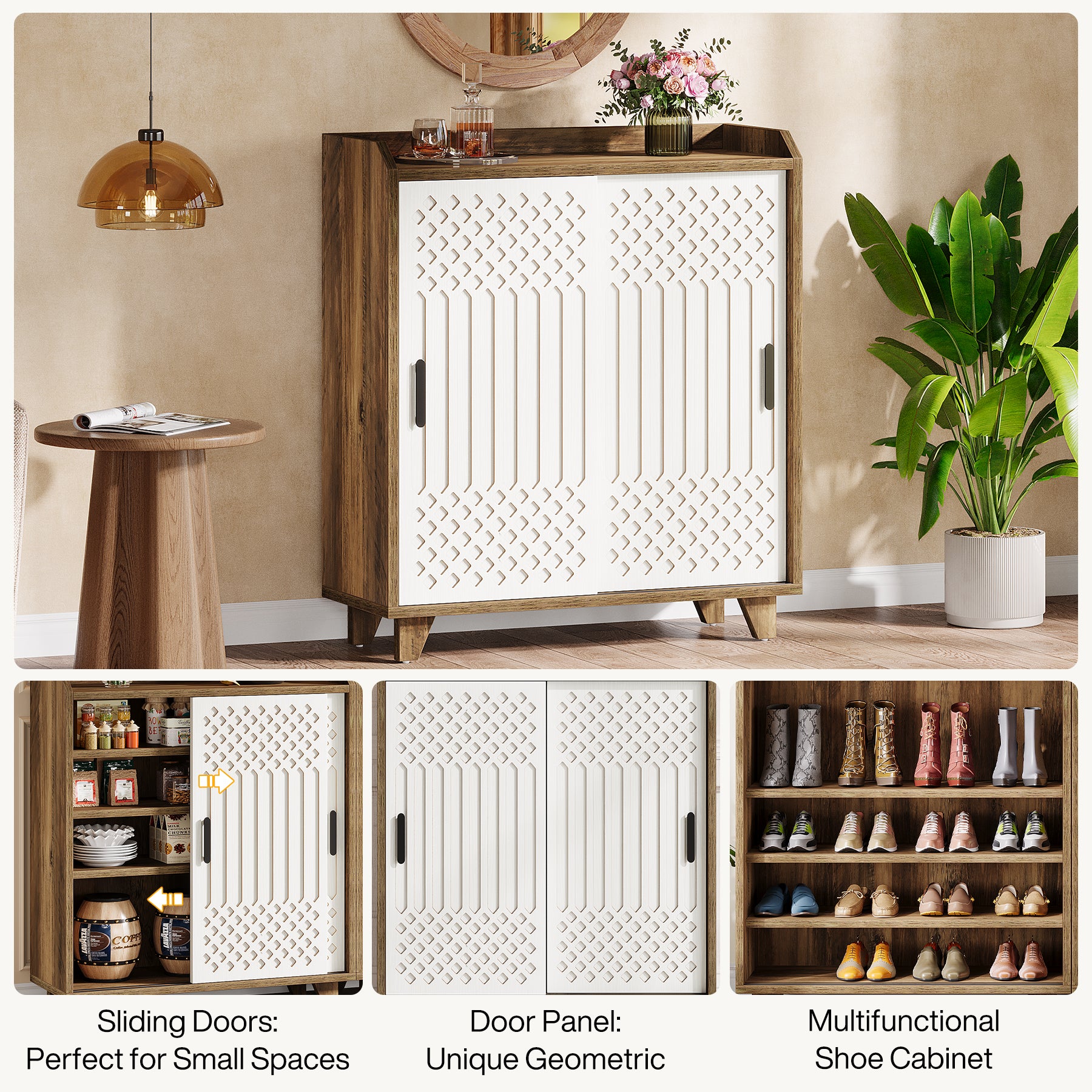 90 cm Keukenkast, Landelijke Buffet met Schuifdeuren en Geometrisch Patroon