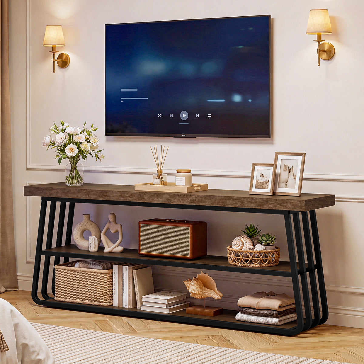 160 cm tv-meubel met 3-laags open opbergrek en metalen frame, industriële tv-kast voor woonkamer en entertainmentruimte