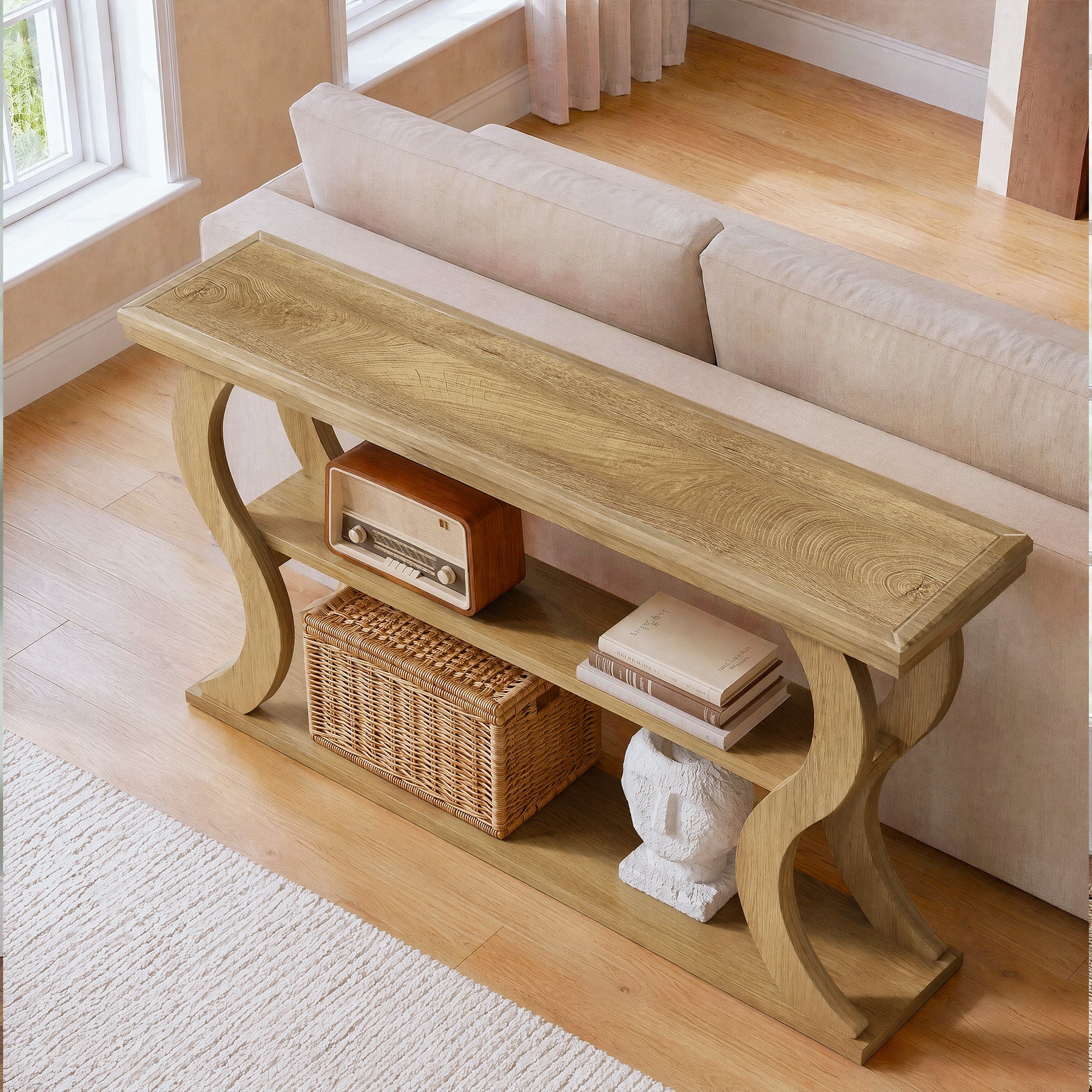 Tribesigns consolentafel 140 cm met 3 planken, smalle gangtafel met golfvormig design