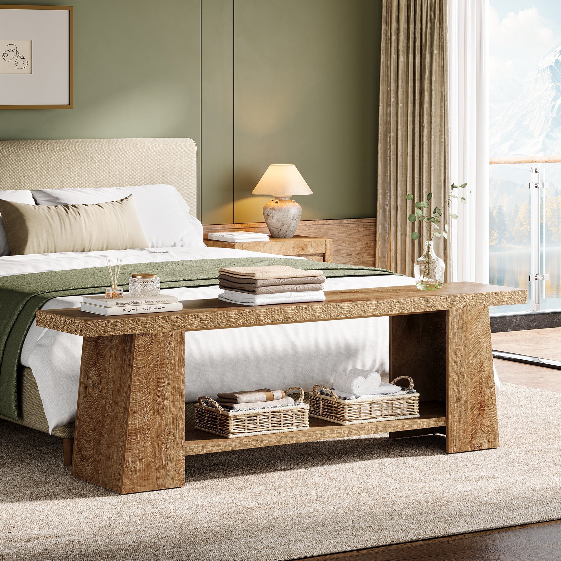 Tribesigns Schoenbank 150 cm met planken, Extra lange zitbank in landhuisstijl voor hal & slaapkamer