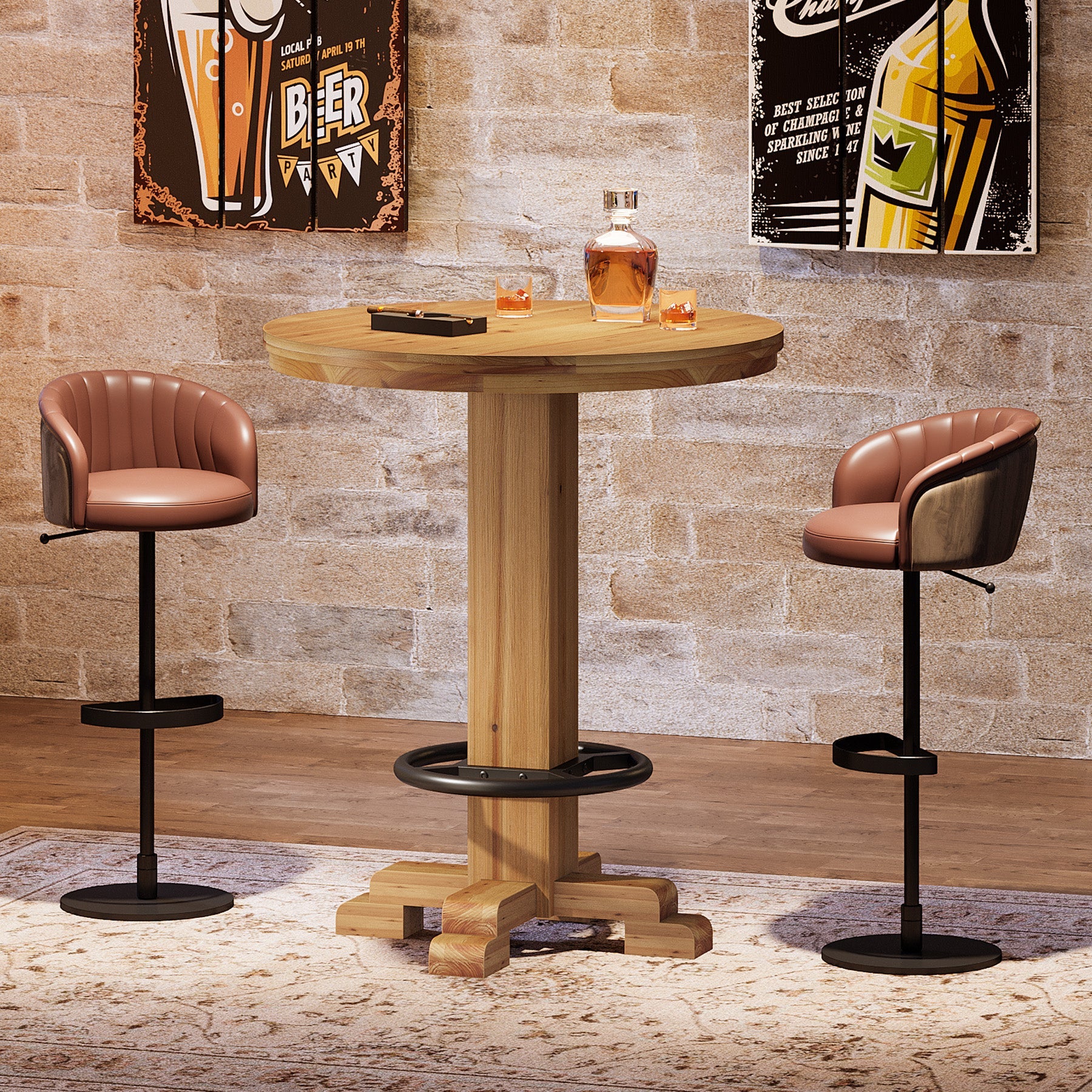 Ronde bartafel van massief hout, 95 cm hoge bistrotafel met metalen voetsteun