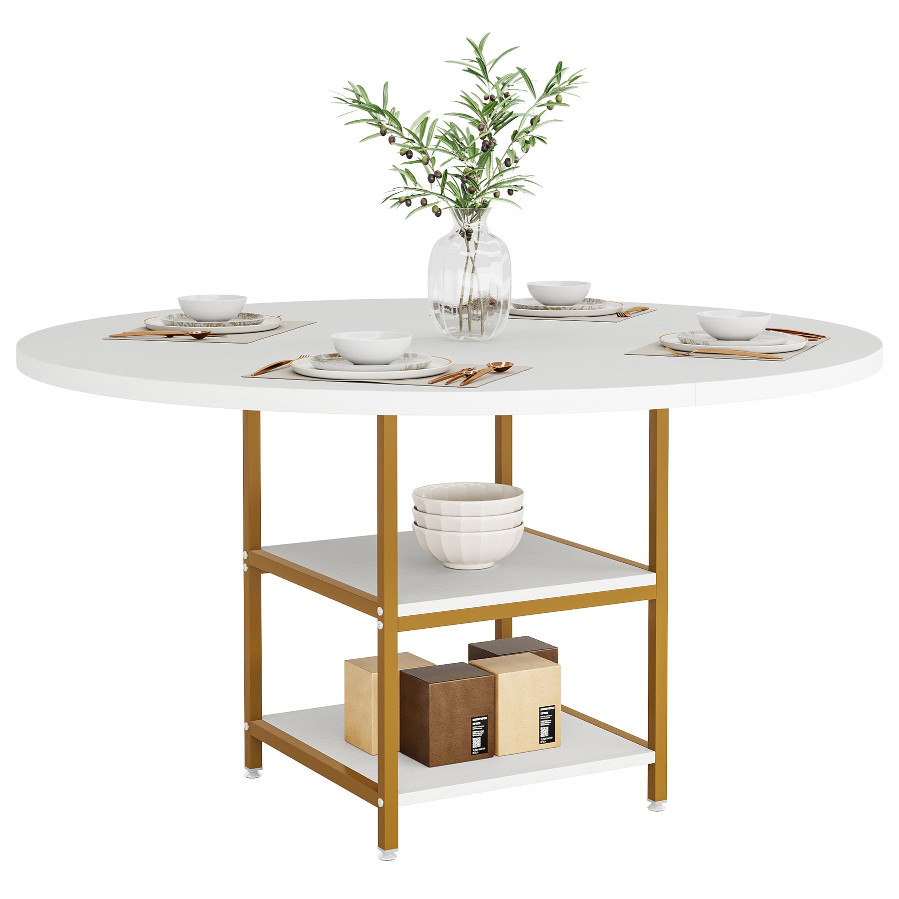 Ronde Eettafel voor Vier Personen, Met Handige Opbergplank in Rustiek Bruin en Zwart